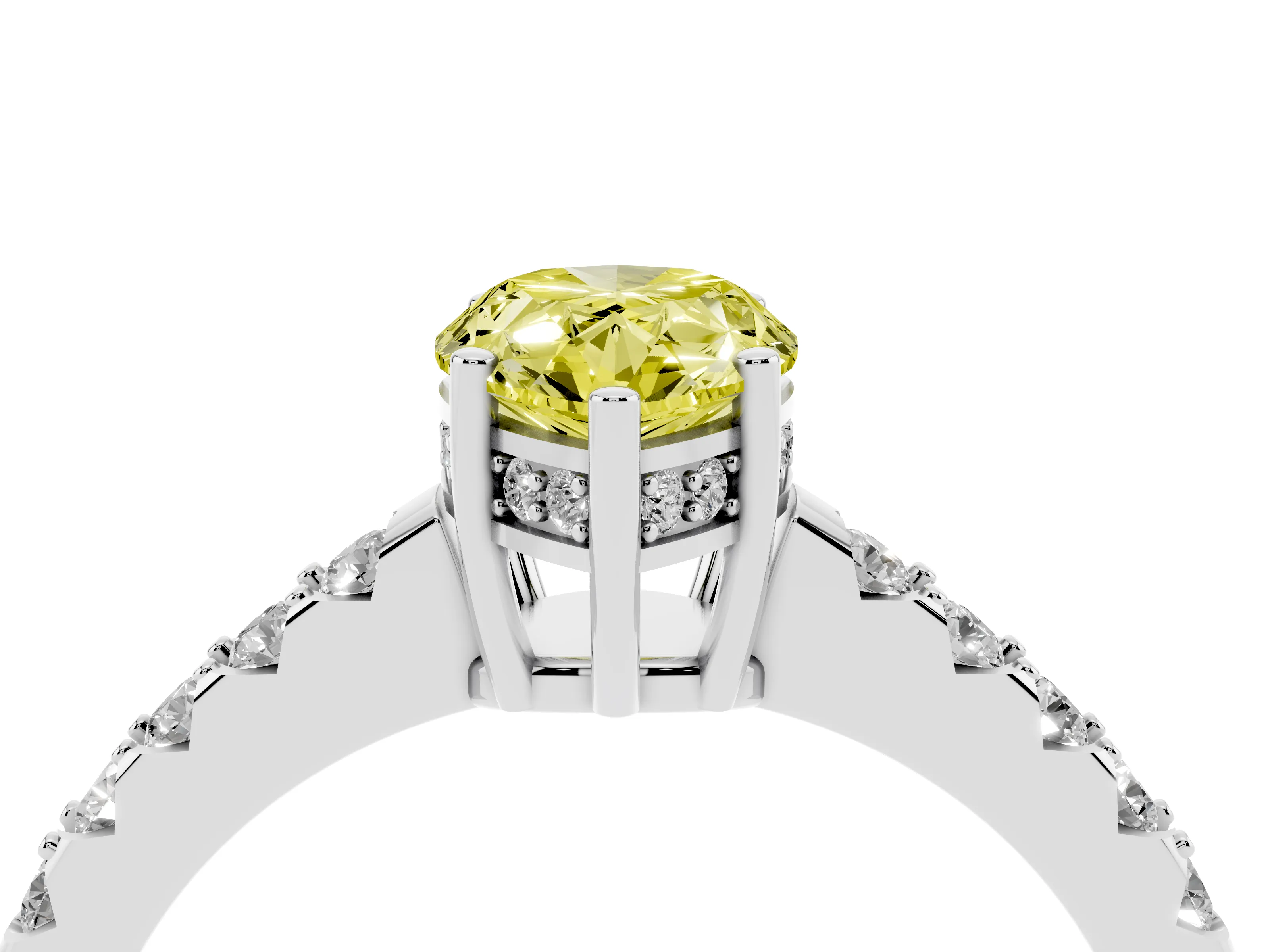 Fancy Yellow Pear Cut Diamond Solitaire Engagement Ring Set in Silver with Pavé Band and Prong Setting