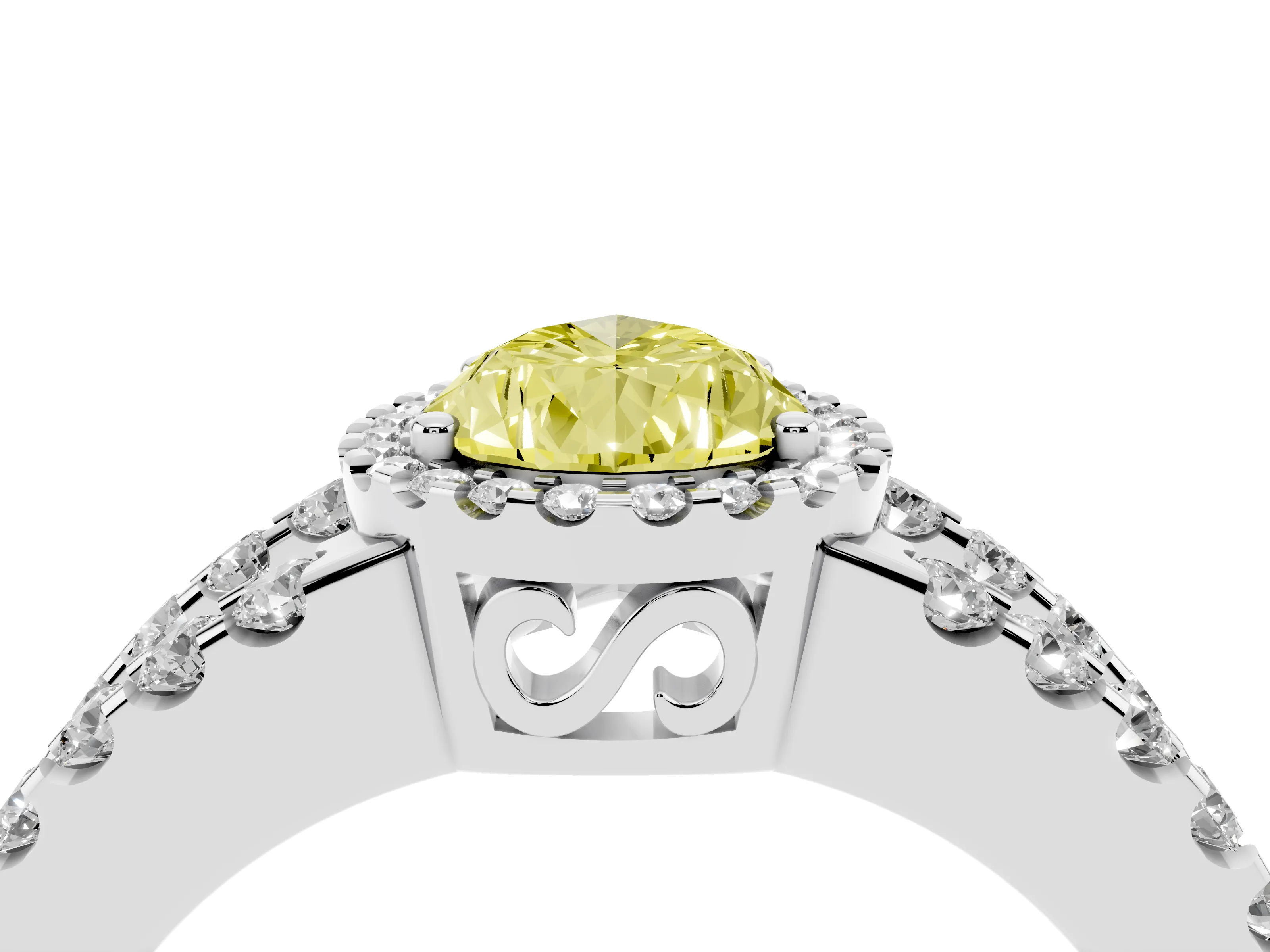 Fancy Yellow Pear Cut Diamond Halo Ring Set in White gold with Pavé Split Shank and Prong Setting