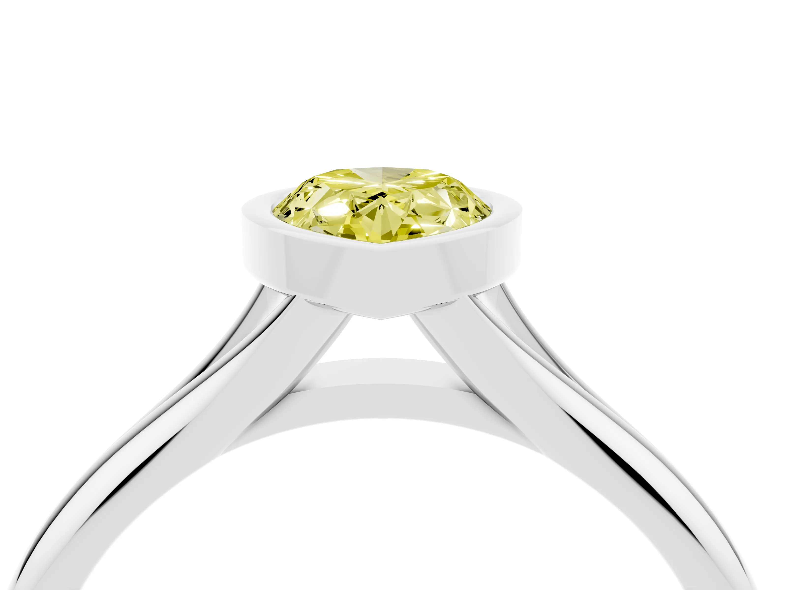 Fancy Yellow Bezel Set Pear Cut Diamond Solitaire Ring Set in Platinum with Smooth Band