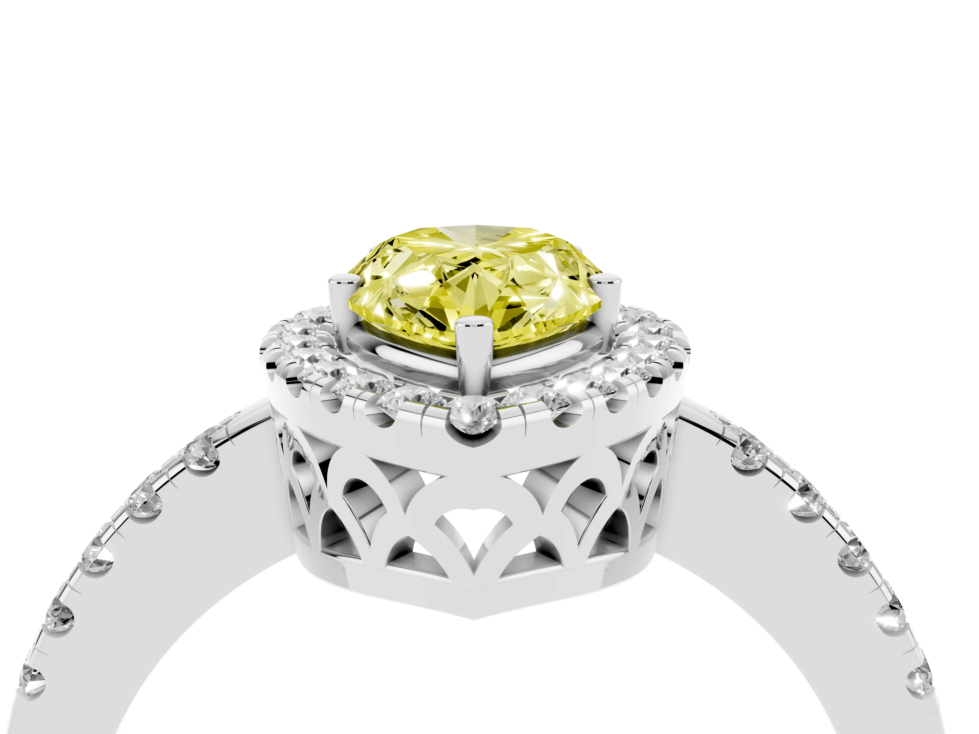 Fancy Yellow Pear Cut Diamond Pavé Band Halo Engagement Ring Set in White gold with Prong Setting