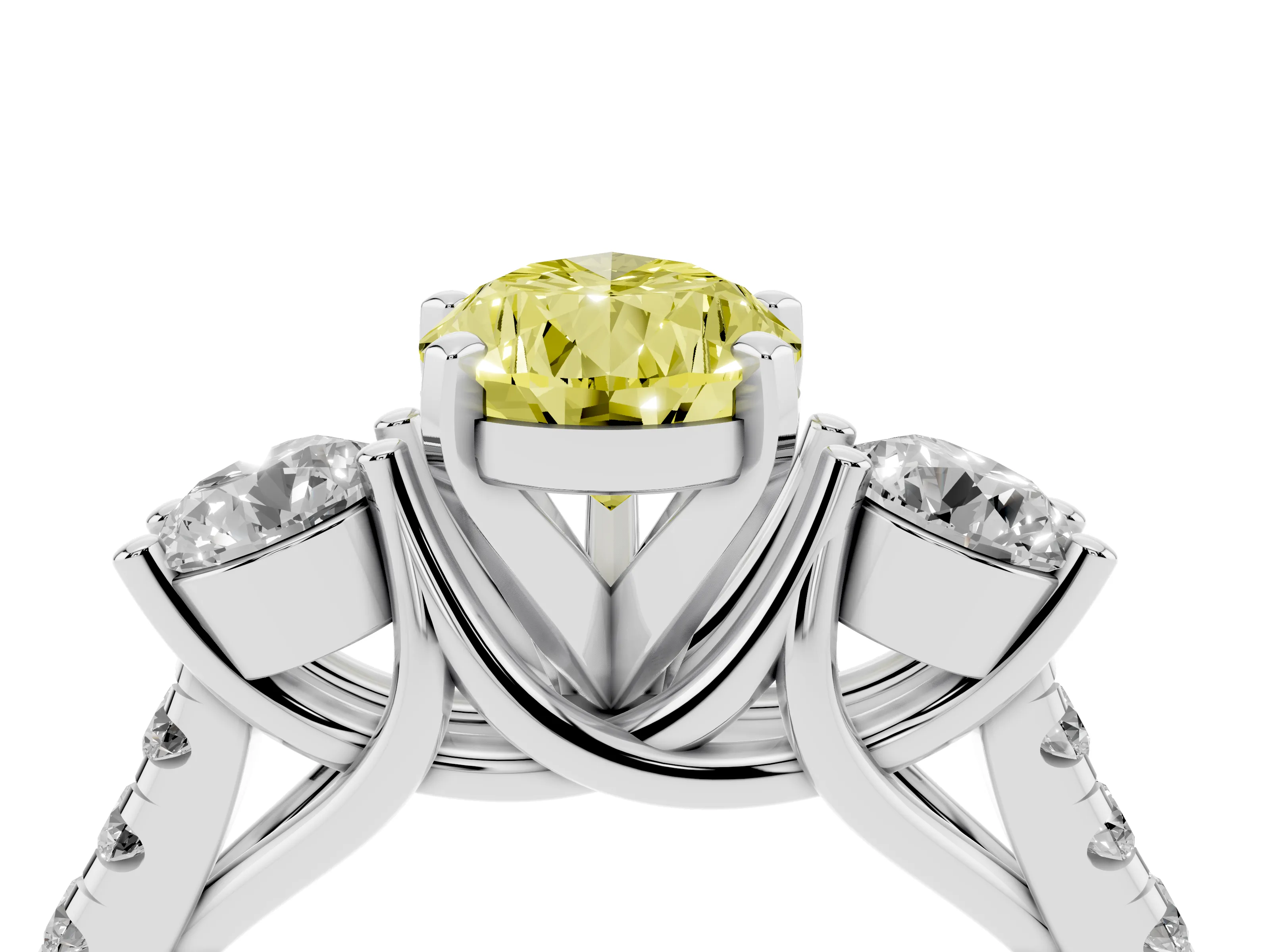Fancy Yellow Three-Stone Pear Cut Diamond Pavé Band Ring Set in Silver with Prong-Set Trio