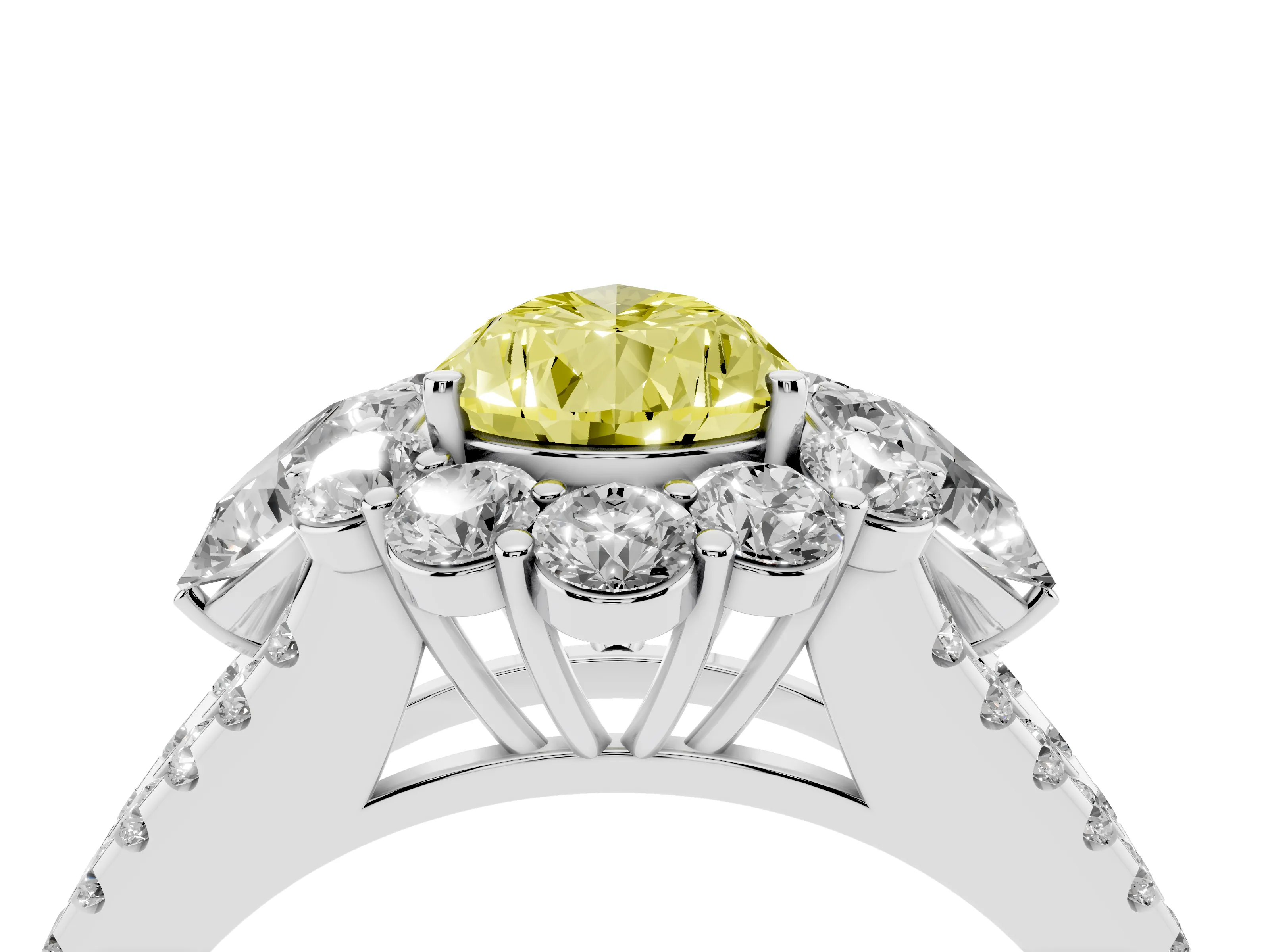 Fancy Yellow Pear Cut Diamond Halo Split Shank Engagement Ring Set in White gold with Prong-Held Center Stone