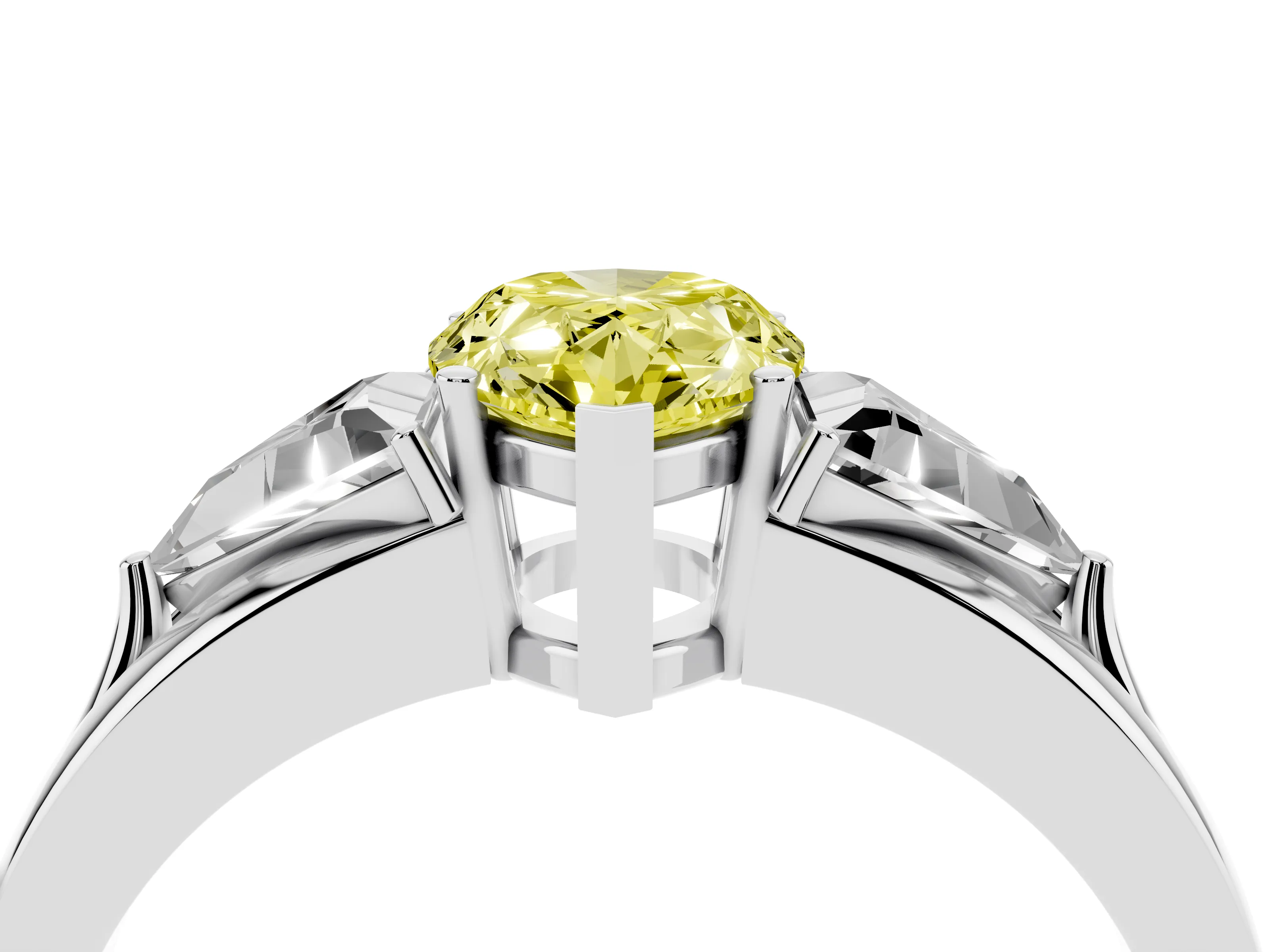 Fancy Yellow Pear Cut Diamond Three-Stone Ring Set in Silver with Trillion Side Stones and Split Shank