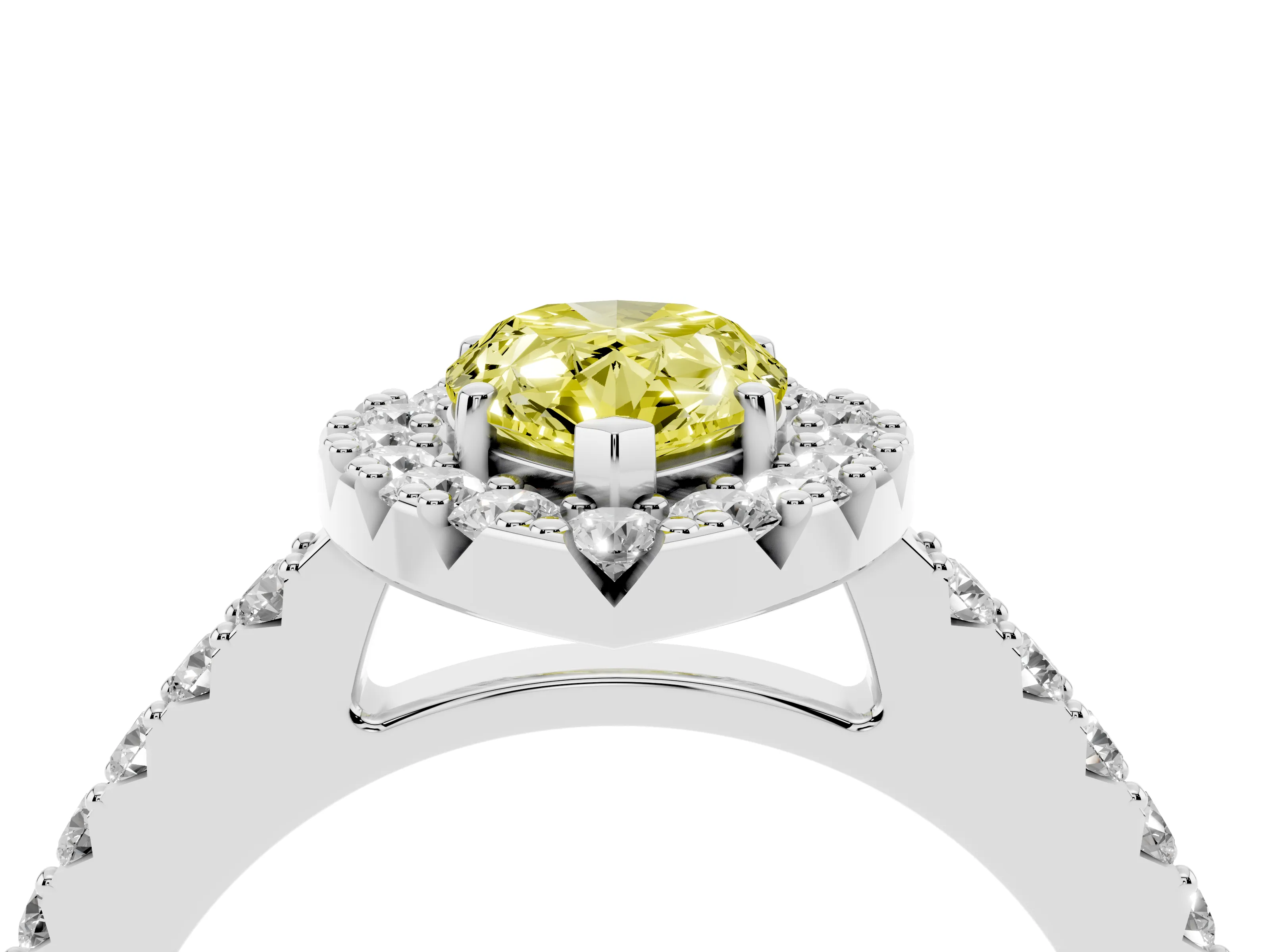 Fancy Yellow Pear Cut Diamond Halo Pavé Solitaire Ring Set in Platinum with Prong-Set Center Stone