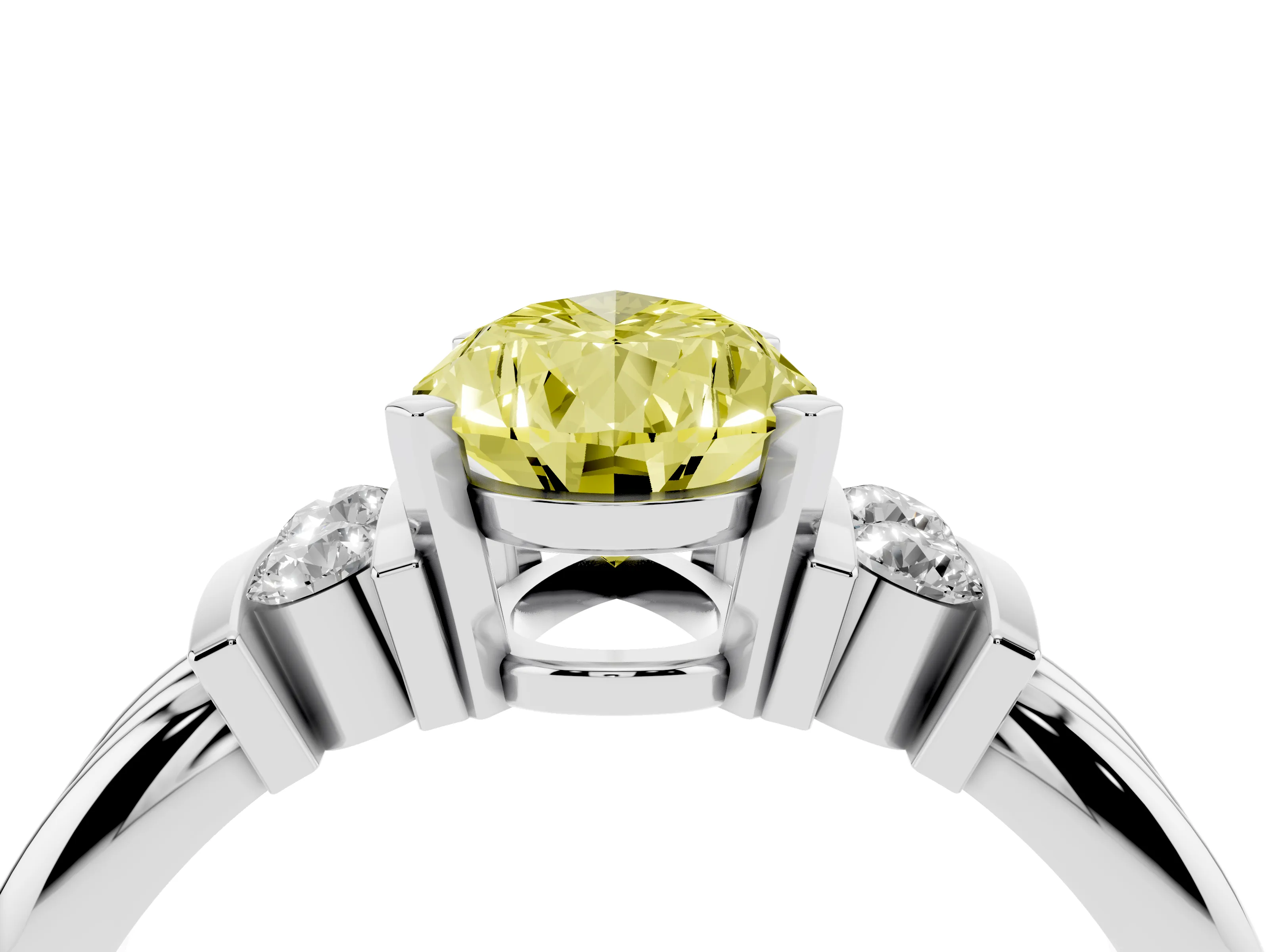 Fancy Yellow Three-Stone Pear Cut Diamond Channel Set Ring Set in White gold with Bar Prongs