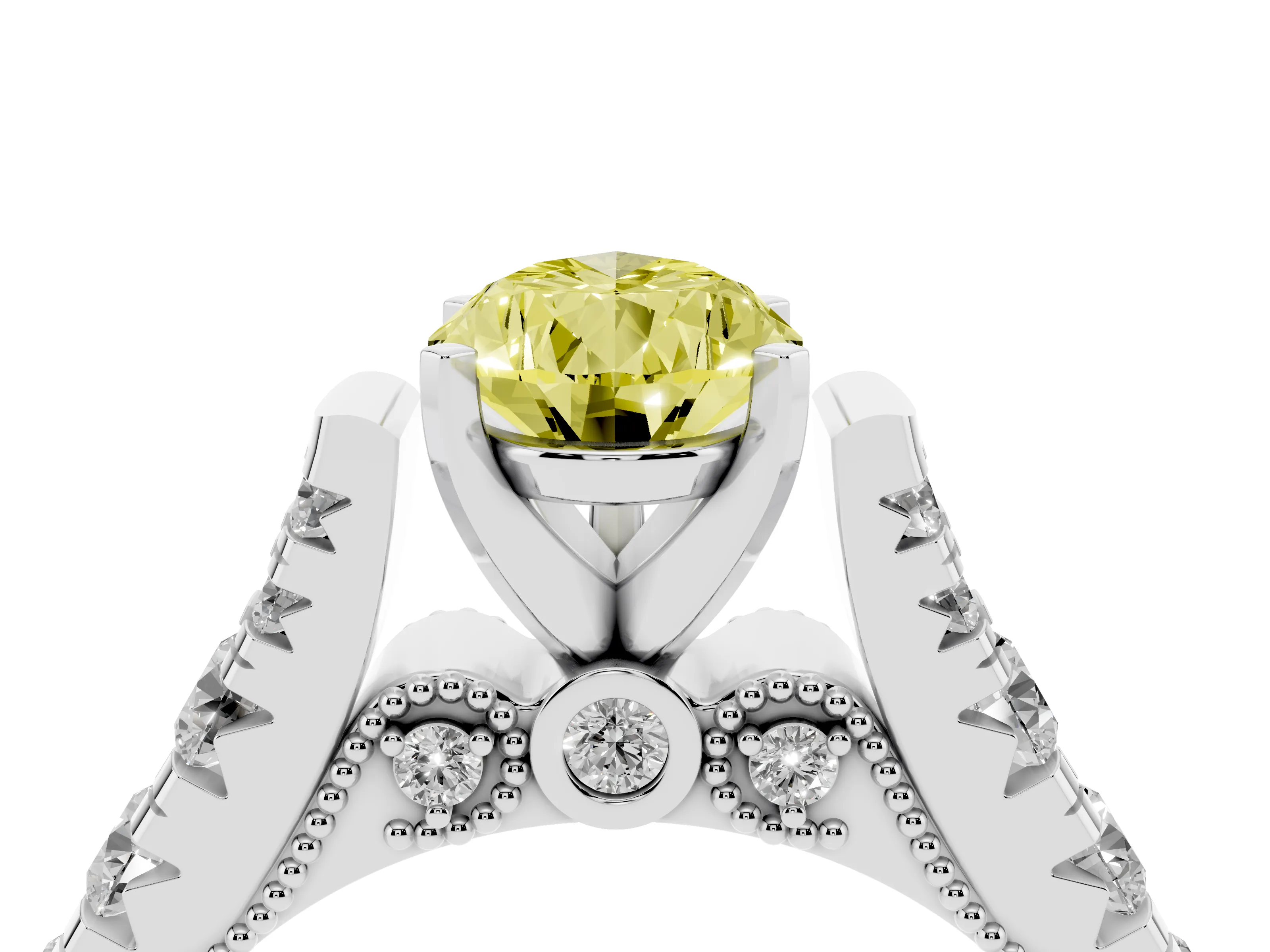 Fancy Yellow Pear Cut Diamond Classic Solitaire Ring Set in Platinum with Pavé Band and Prong Setting