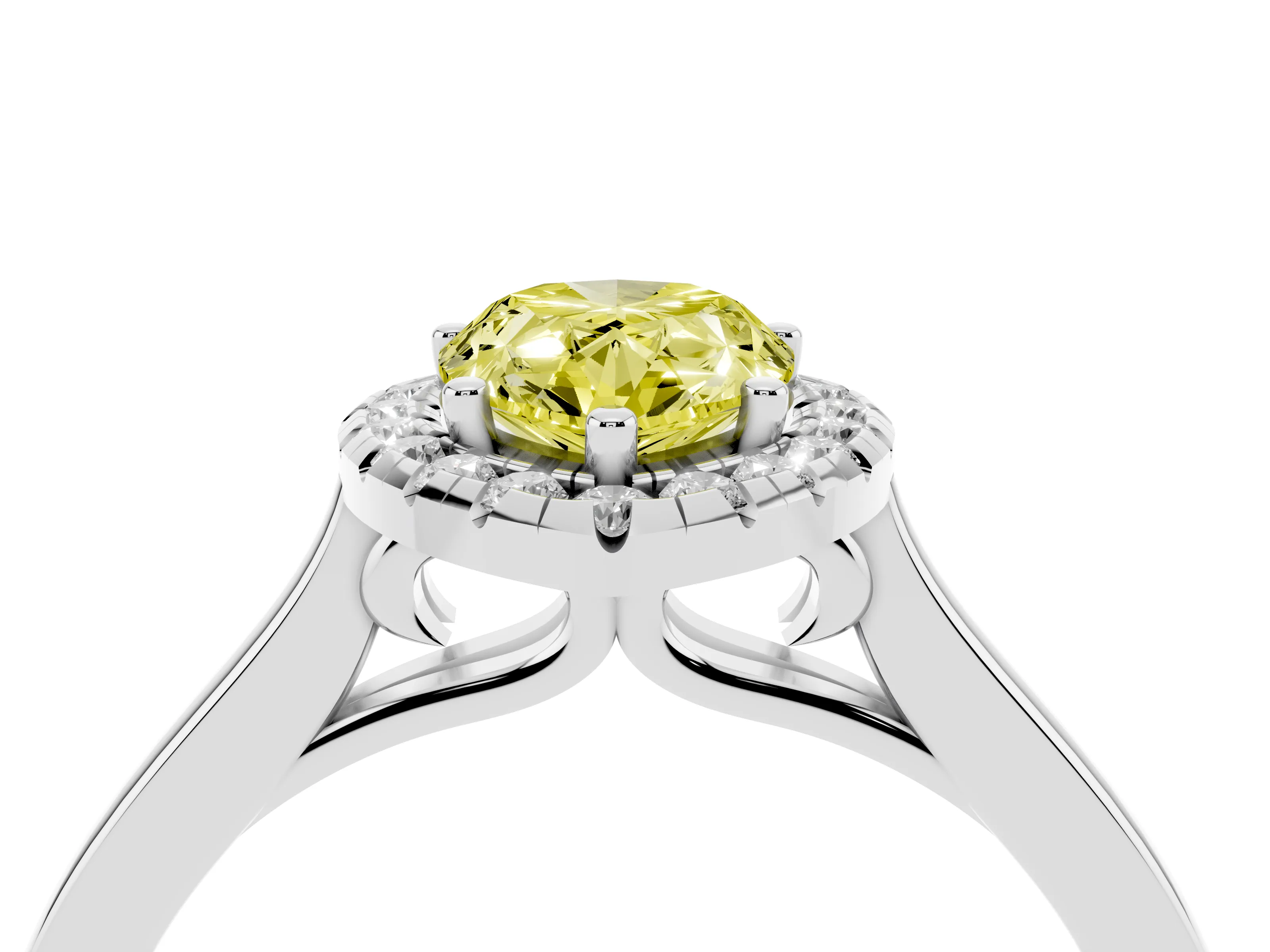 Fancy Yellow Pear Cut Halo Round Diamond Solitaire Ring Set in White gold with Pavé Band and Prong Setting