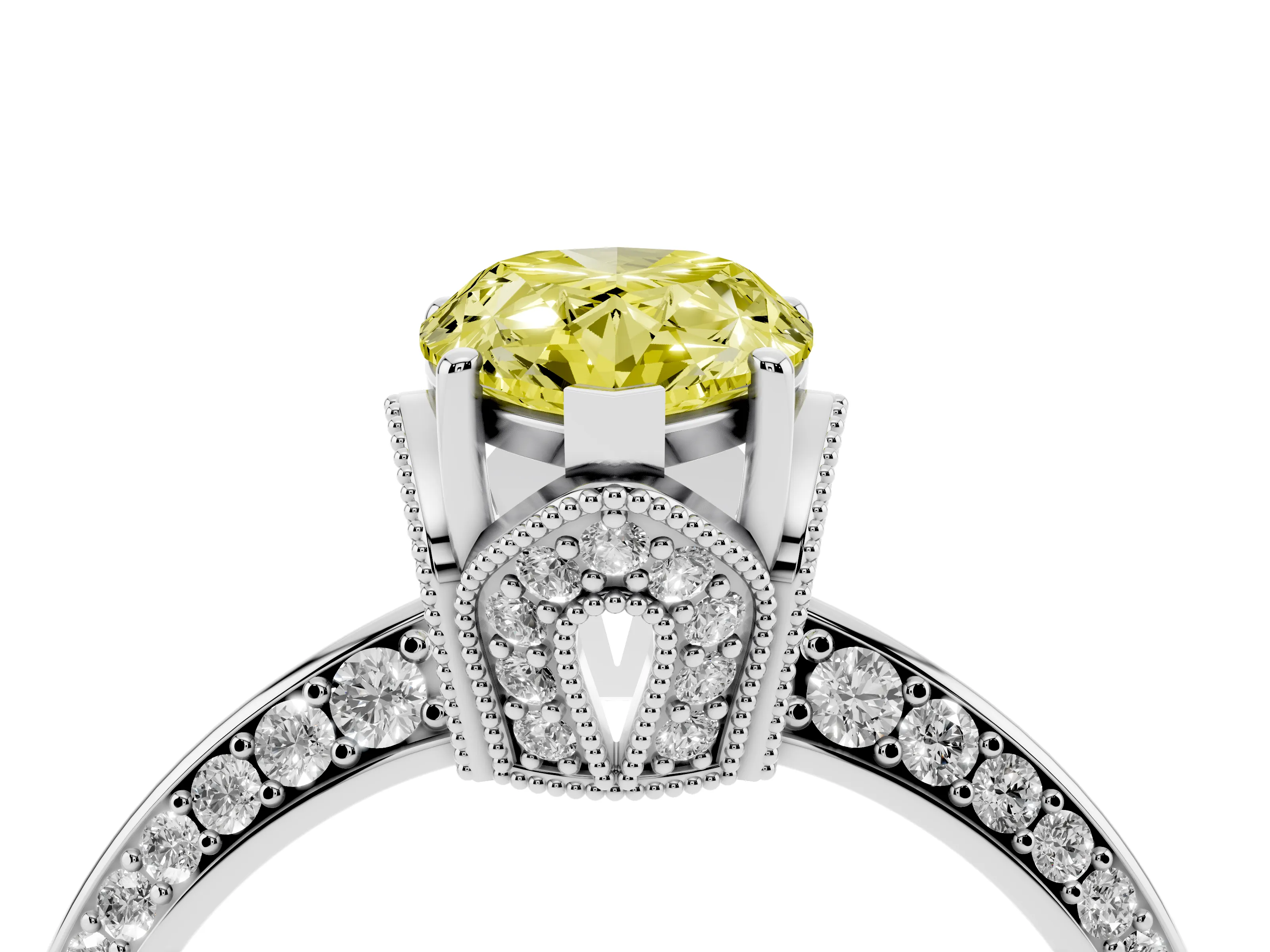 Fancy Yellow Pear Cut Diamond Solitaire Engagement Ring Set in Silver with Pavé Split Shank and Prong Setting