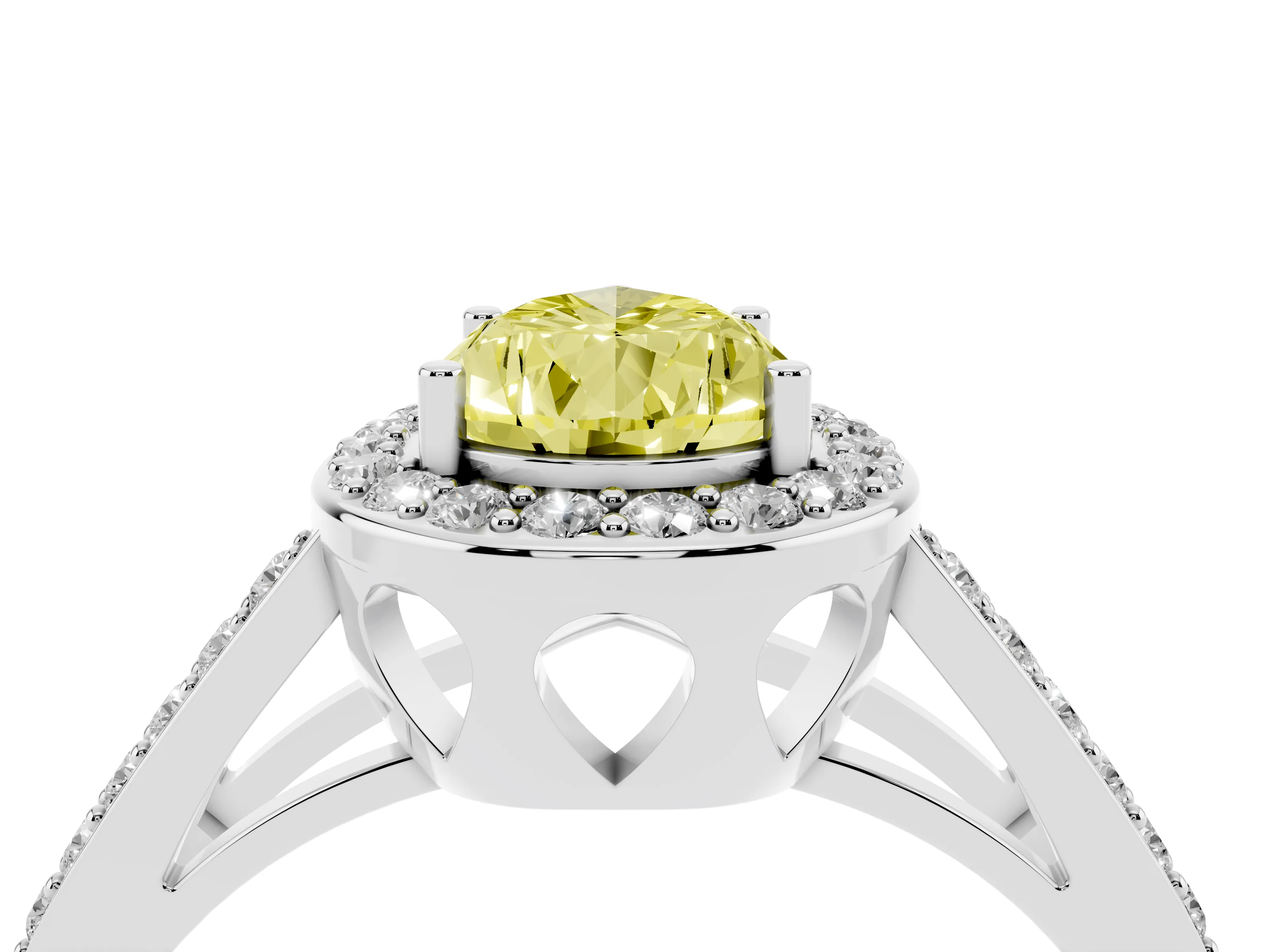 Fancy Yellow Pear Cut Diamond Halo Ring Set in Silver with U-Prong Split Shank and Prong Setting