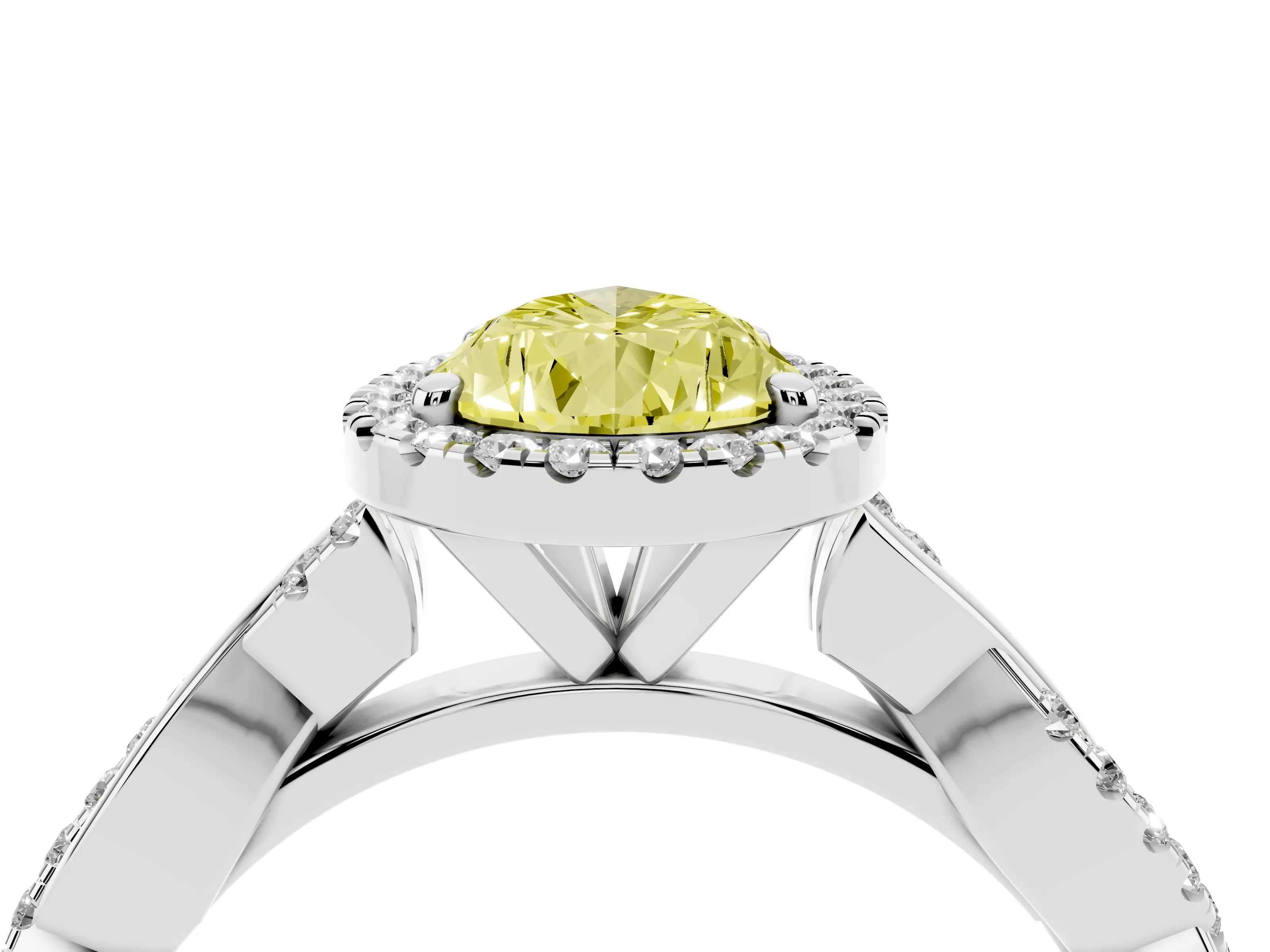 Fancy Yellow Pear Cut Diamond Halo Twisted Band Ring Set in White gold with Prong Setting