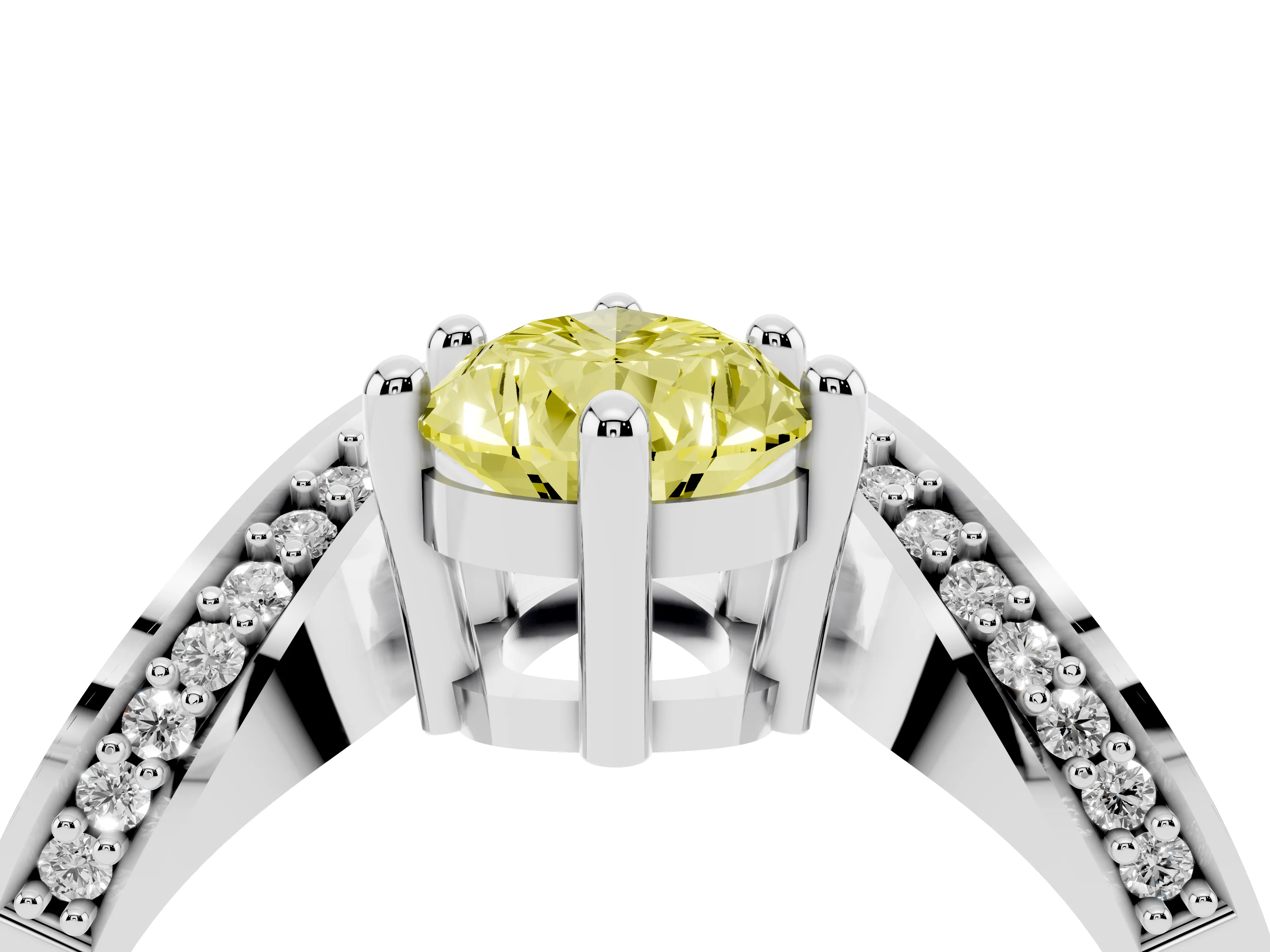 Fancy Yellow Pear Cut Diamond Solitaire Engagement Ring Set in White gold with Pavé Shoulders