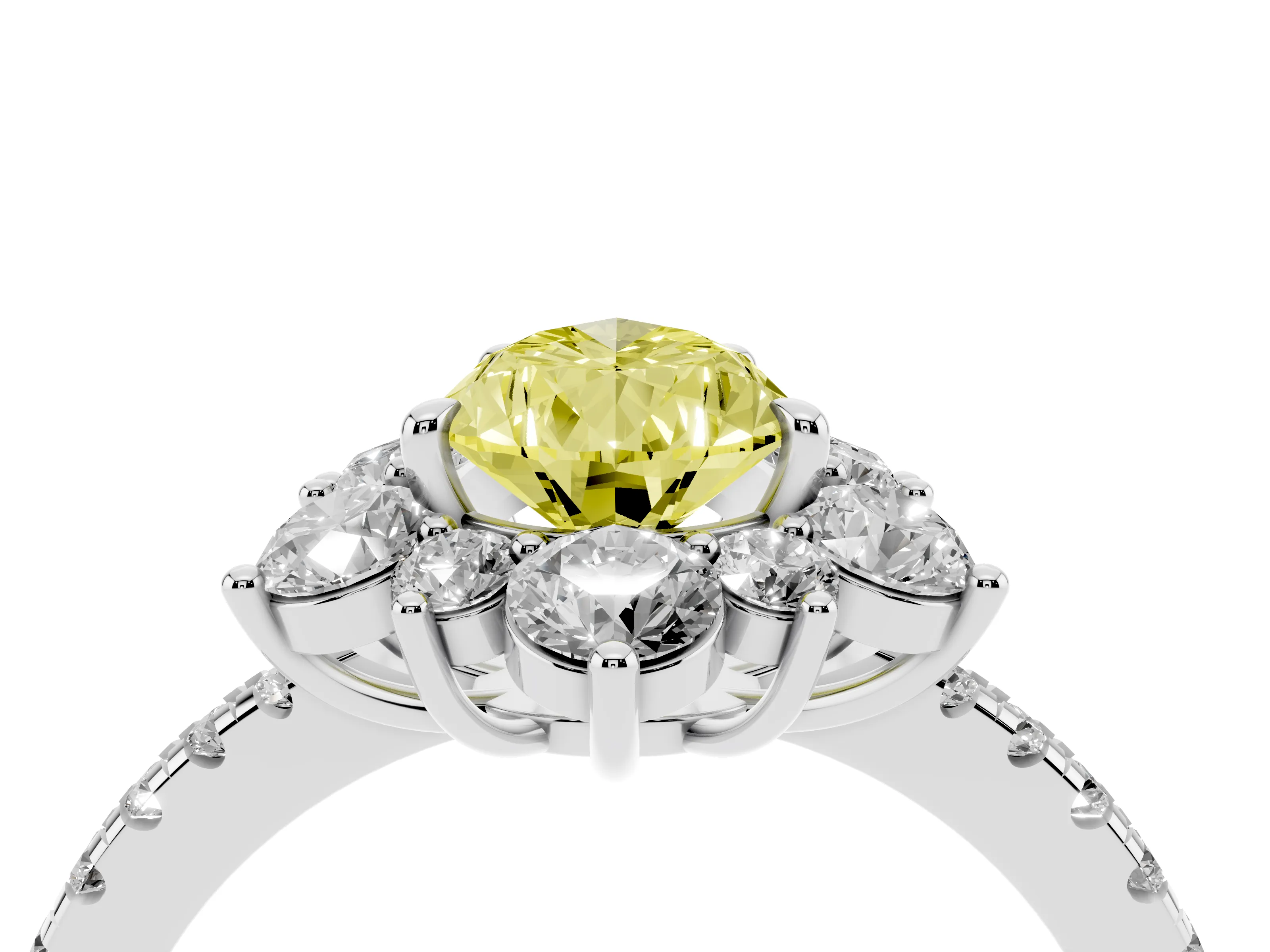 Fancy Yellow Pear Cut Diamond Floral Halo Ring Set in White gold with Round Pavé Band and Prong Setting