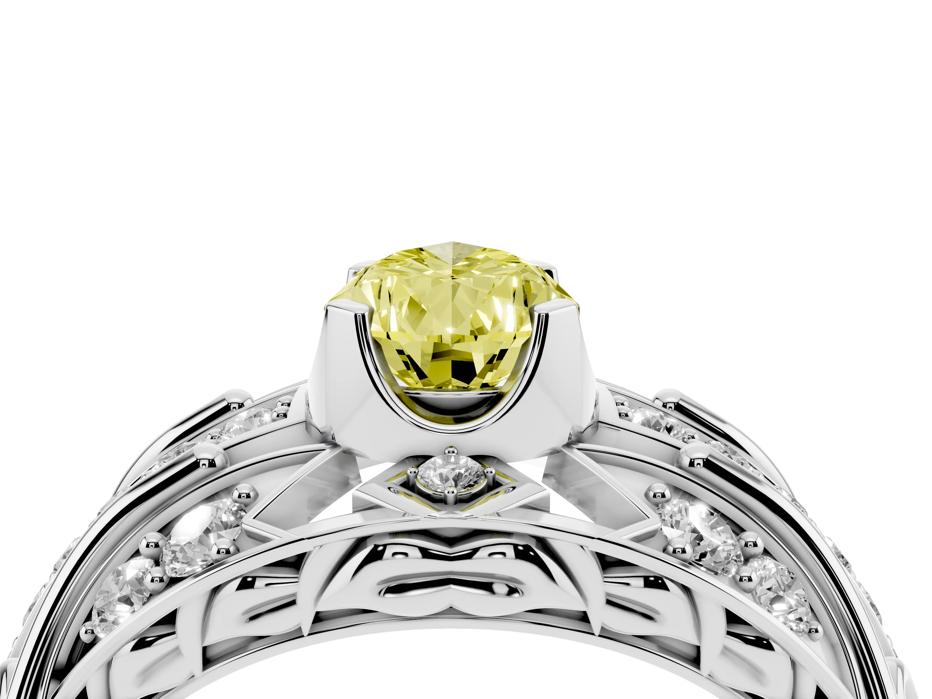 Fancy Yellow Pear Cut Diamond Art Deco Ring Set in Platinum with Pavé Split Shank