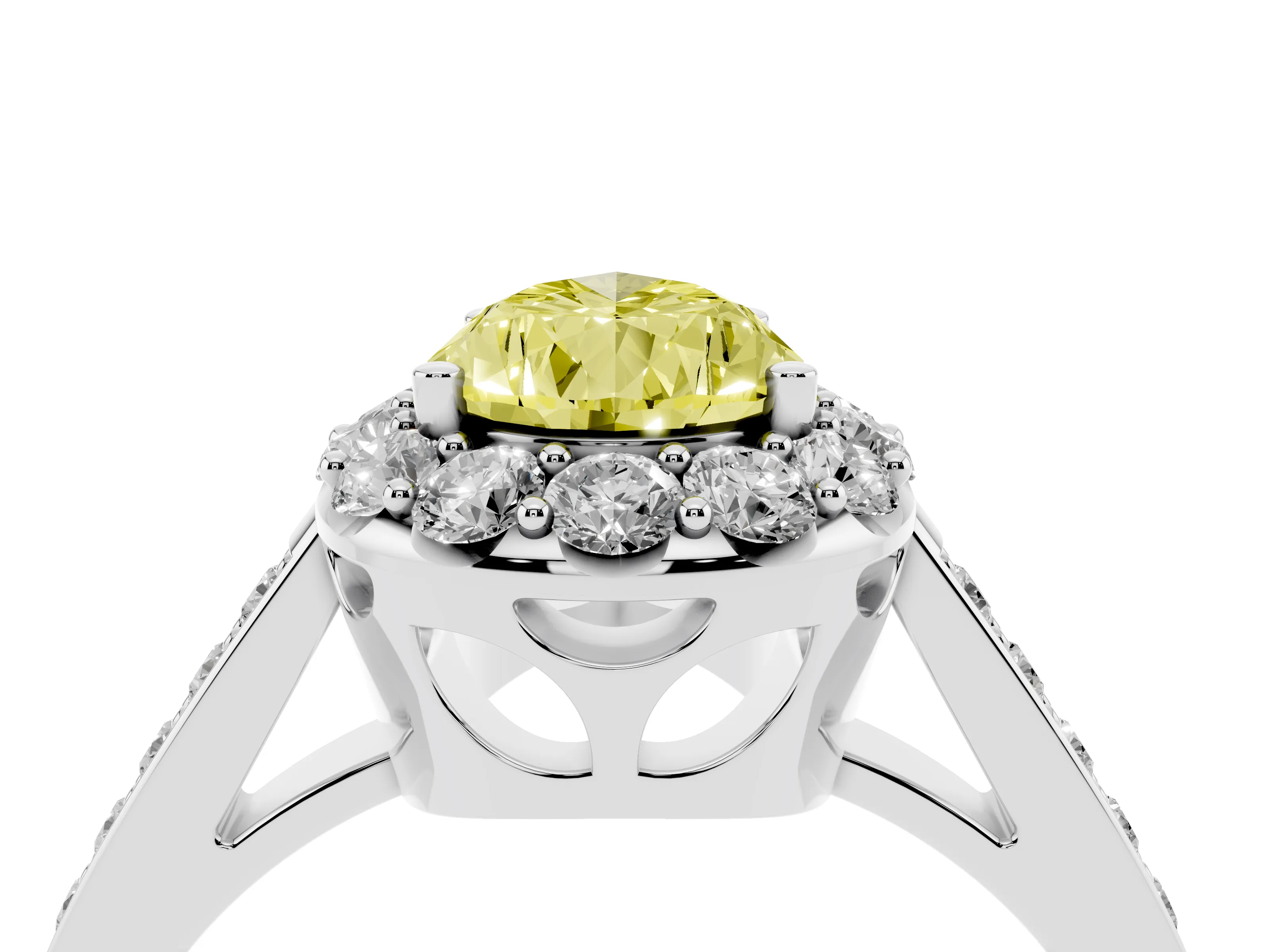 Fancy Yellow Pear Cut Diamond Floral Halo Ring Set in Platinum with Pavé Band and Prong Setting