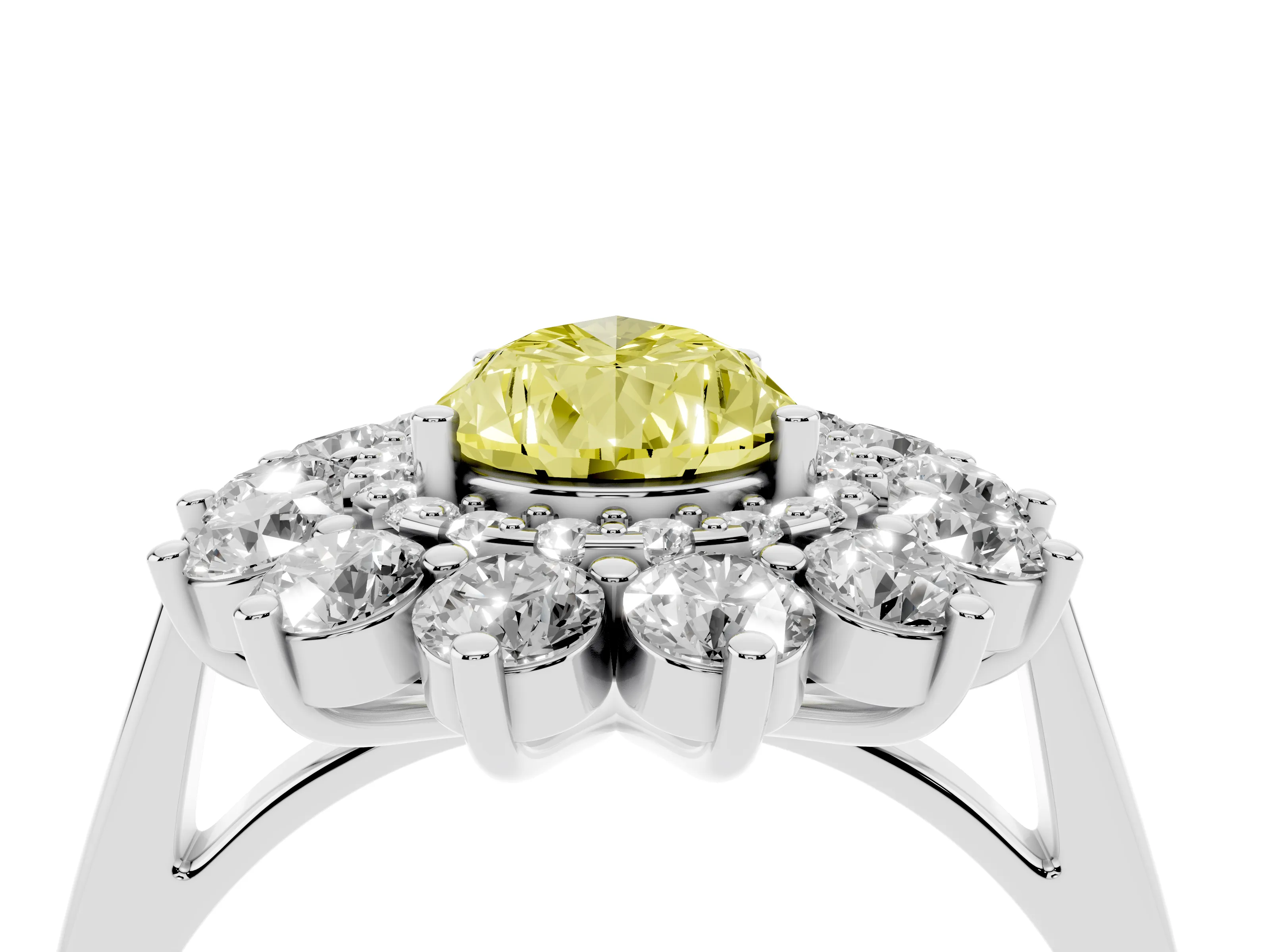 Fancy Yellow Pear Cut Diamond Floral Double Halo Ring Set in White gold with Round Petals