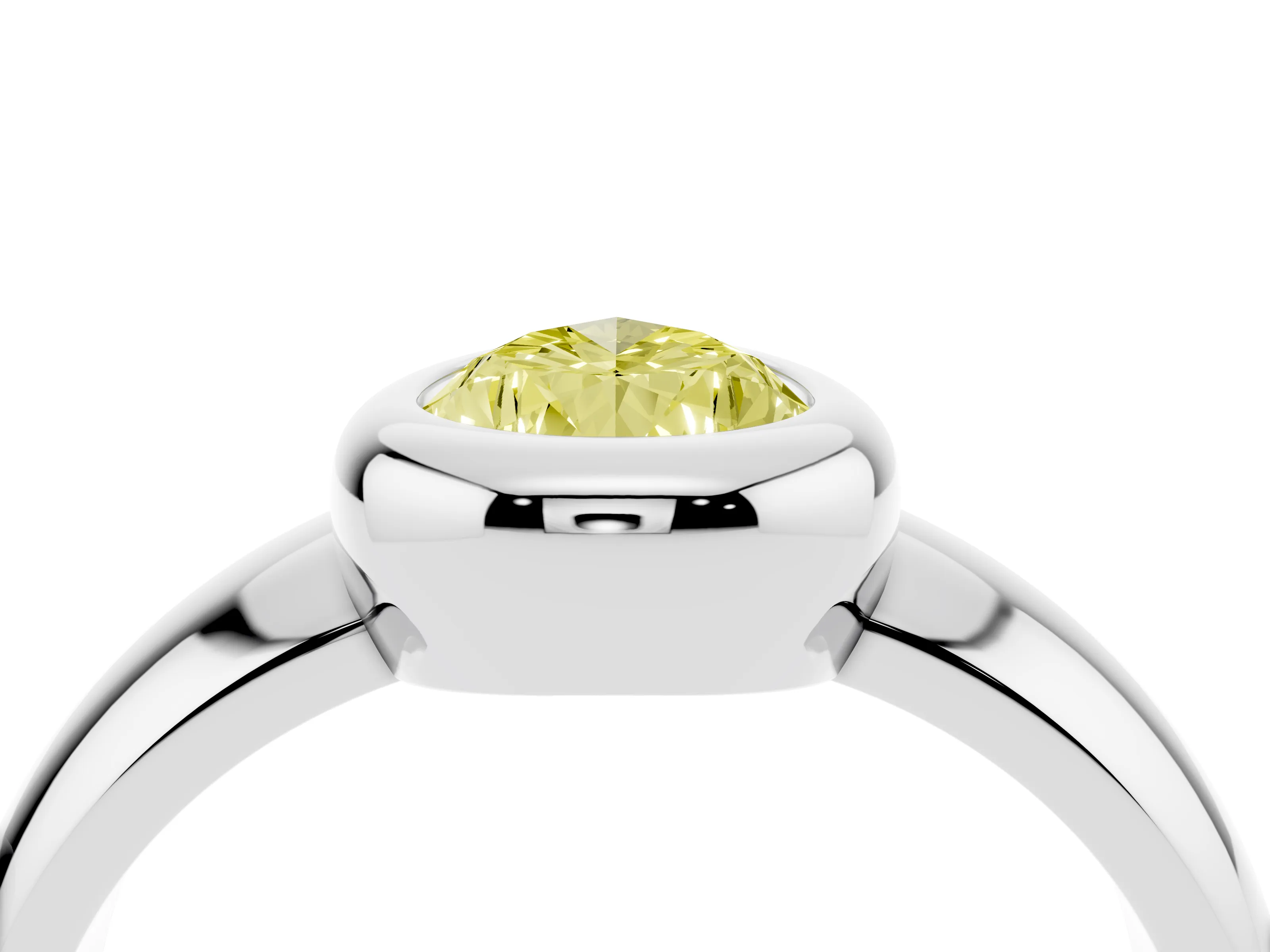Fancy Yellow Bezel Set Pear Cut Diamond Solitaire Ring Set in Platinum with Wide Band