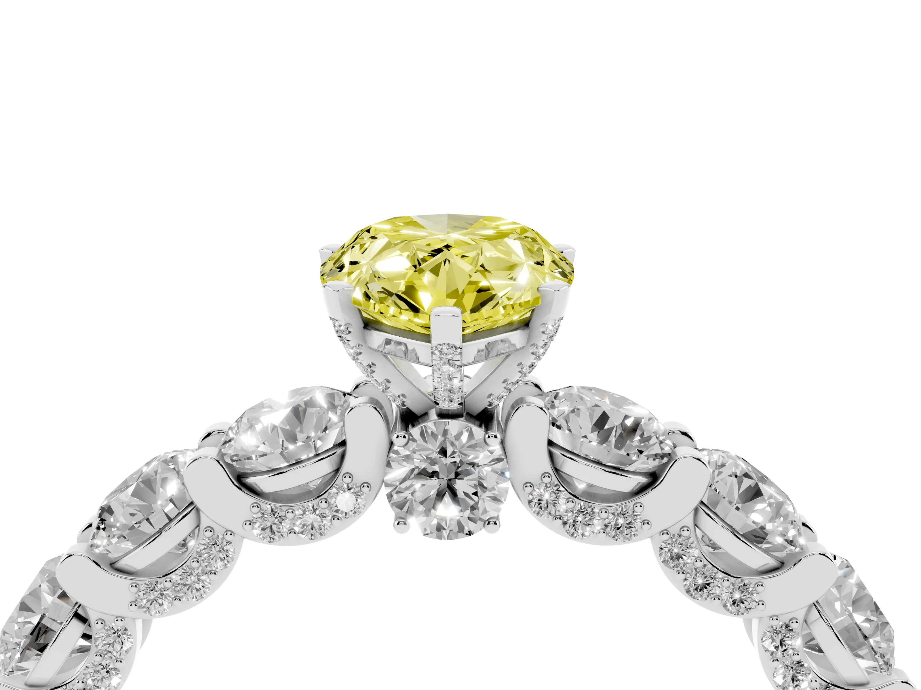 Fancy Yellow Pear Cut Diamond Side Stone Ring Set in Platinum with Alternating Round and Oval Side Stones
