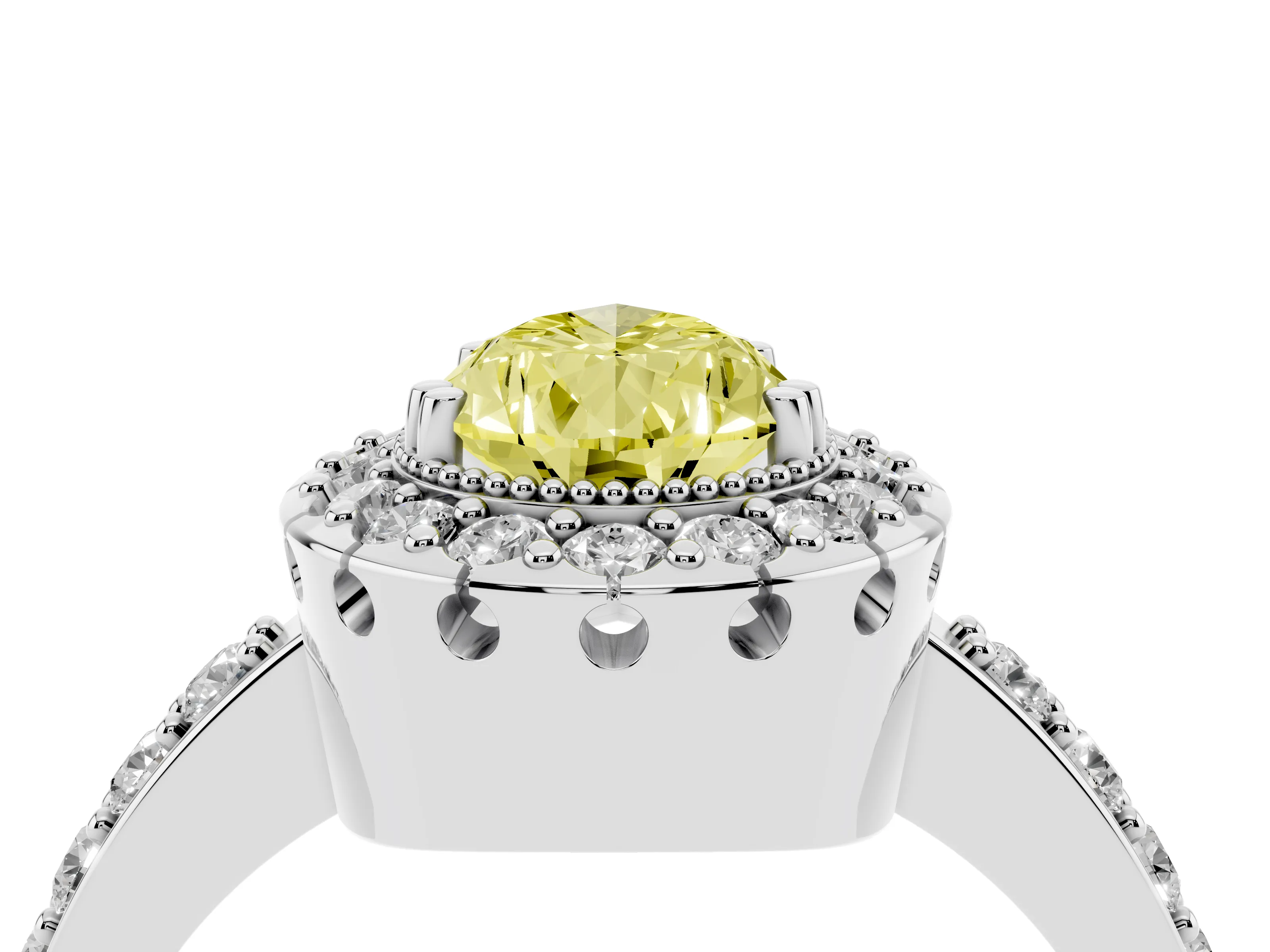 Fancy Yellow Pear Cut Diamond Halo Ring Set in White gold with Pavé Shank and Prong Setting