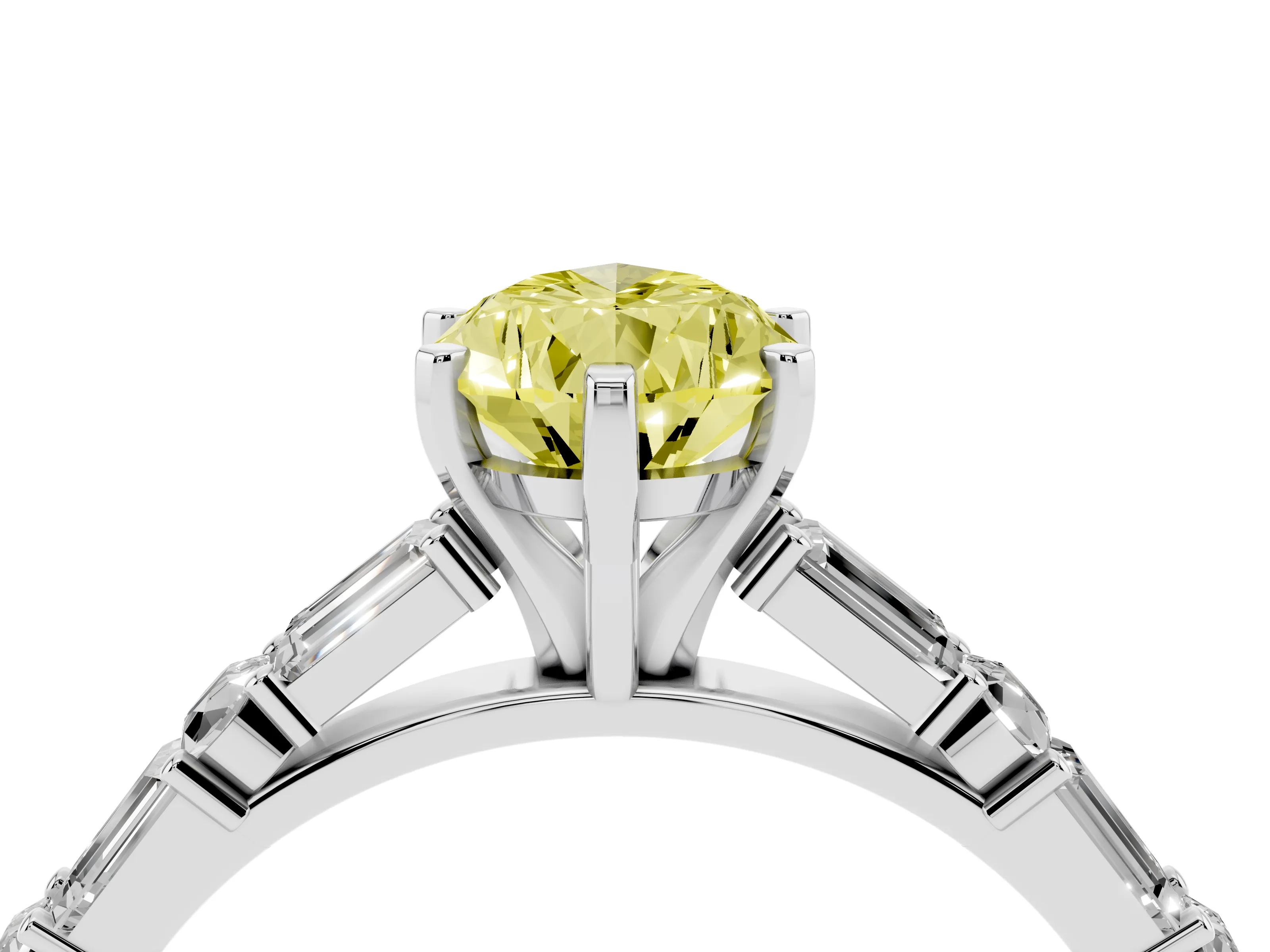 Fancy Yellow Pear Cut Diamond Solitaire Set in Platinum with Side Baguettes and Channel Set Band