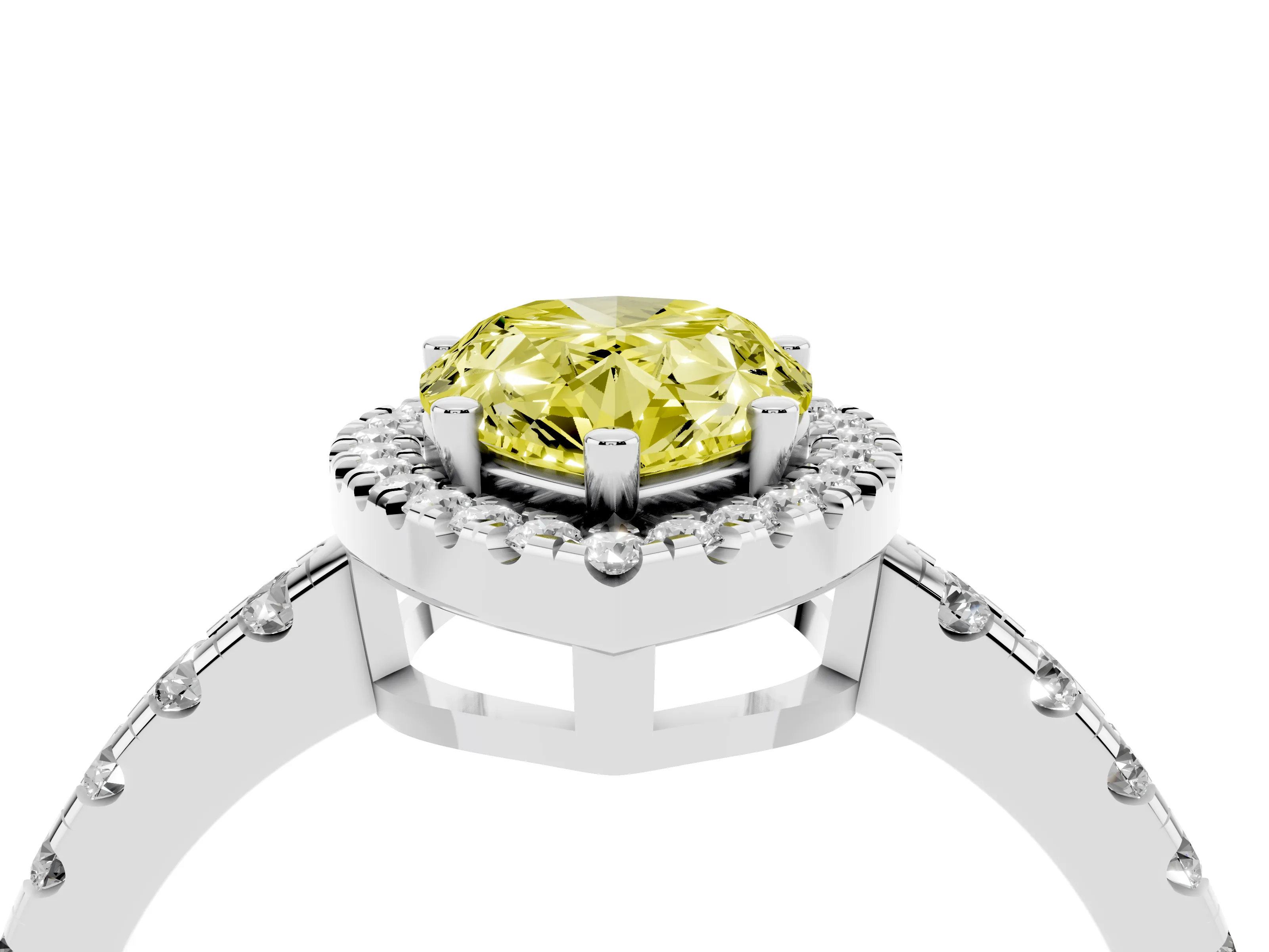 Fancy Yellow Pear Cut Diamond Halo Ring Set in Platinum with Delicate Pavé Band and Prong Setting