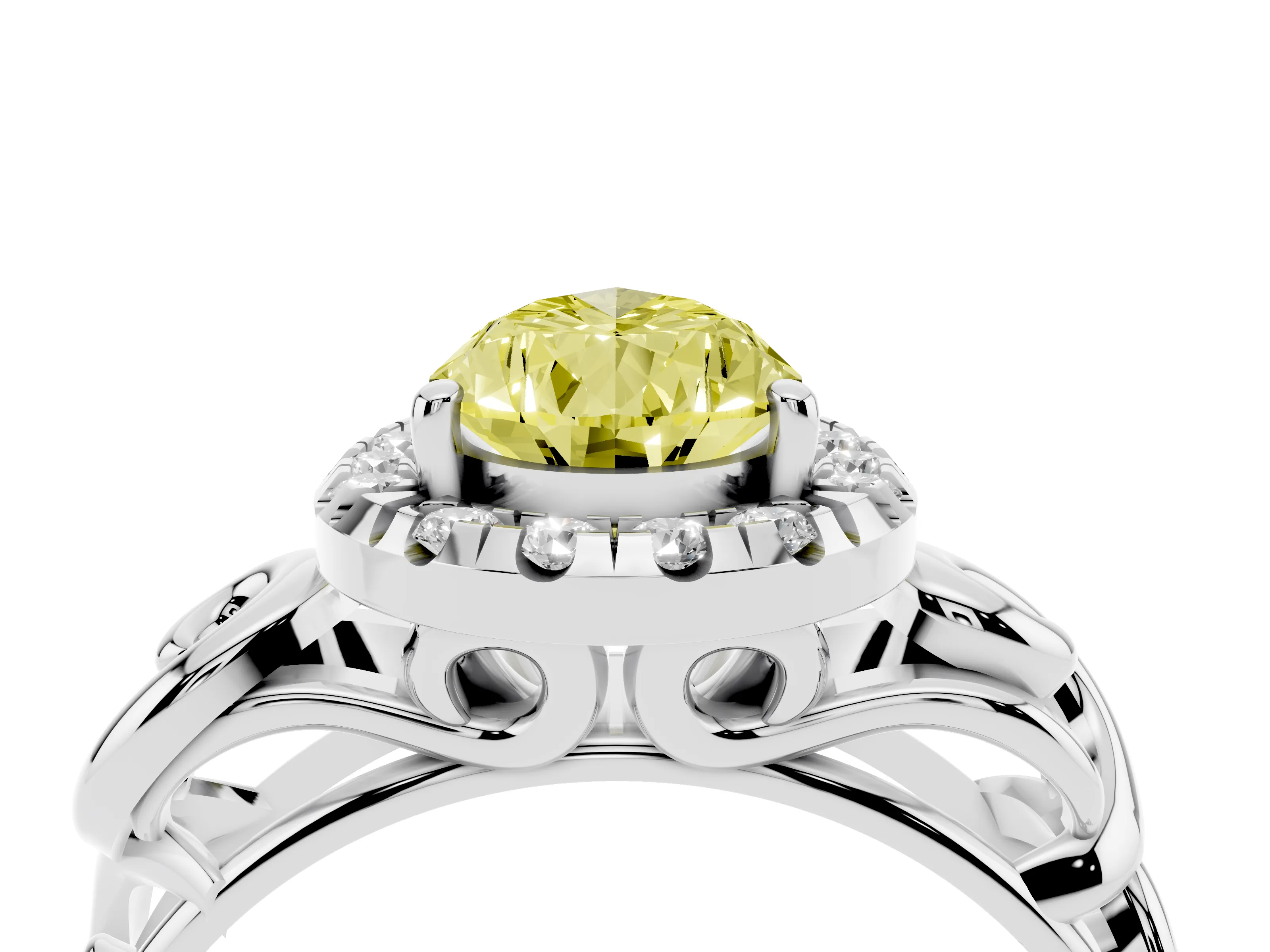 Fancy Yellow Pear Cut Diamond Halo Ring Set in Platinum with Scrollwork Band and Prong Setting