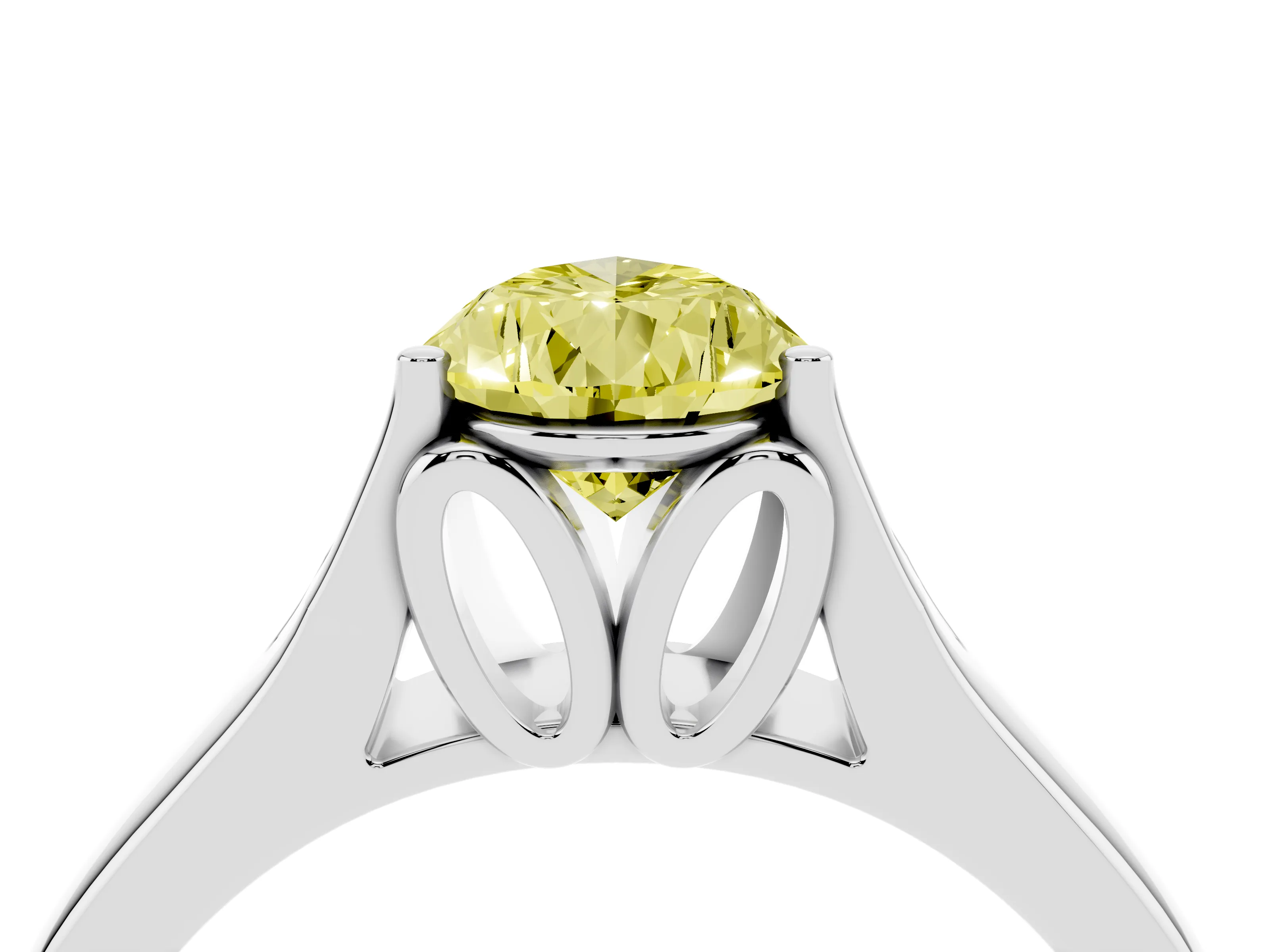 Fancy Yellow Pear Cut Diamond Solitaire Ring Set in White gold with Arched Cathedral Band and Prong Setting