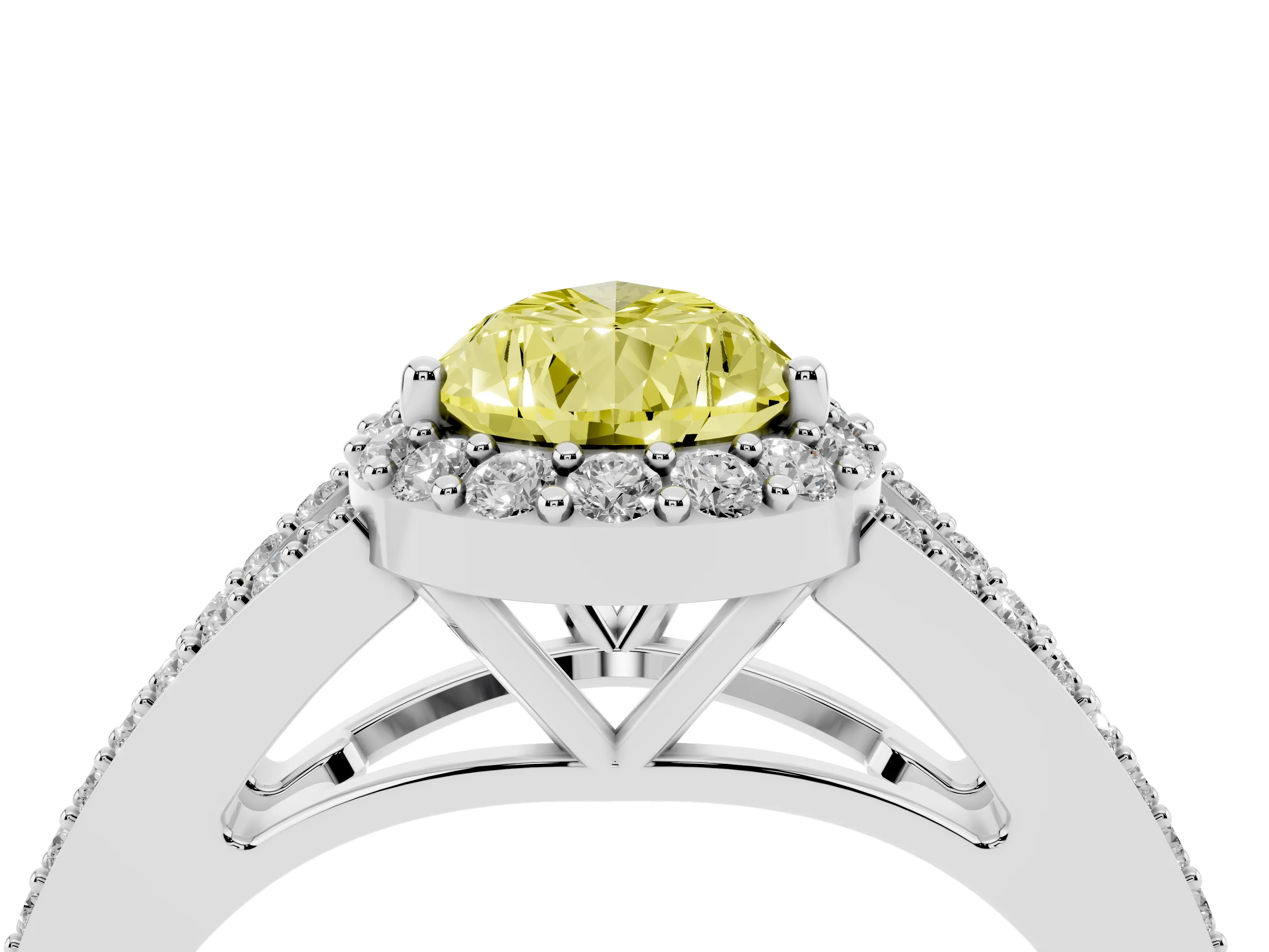Fancy Yellow Pear Cut Diamond Halo Split Shank Pavé Ring Set in Silver with Prong Setting