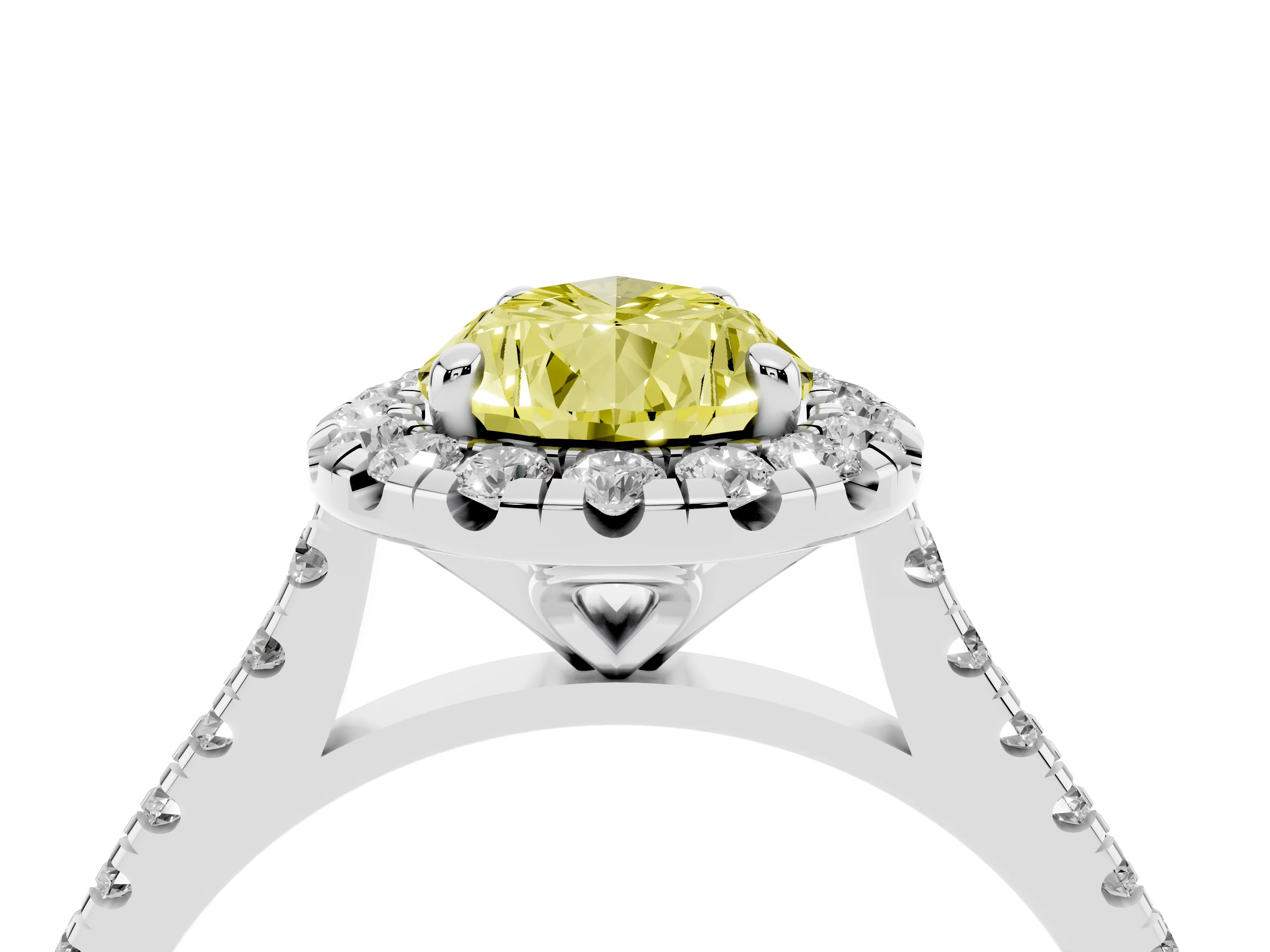 Fancy Yellow Pear Cut Diamond Cushion Halo Ring Set in White gold with Pavé Band