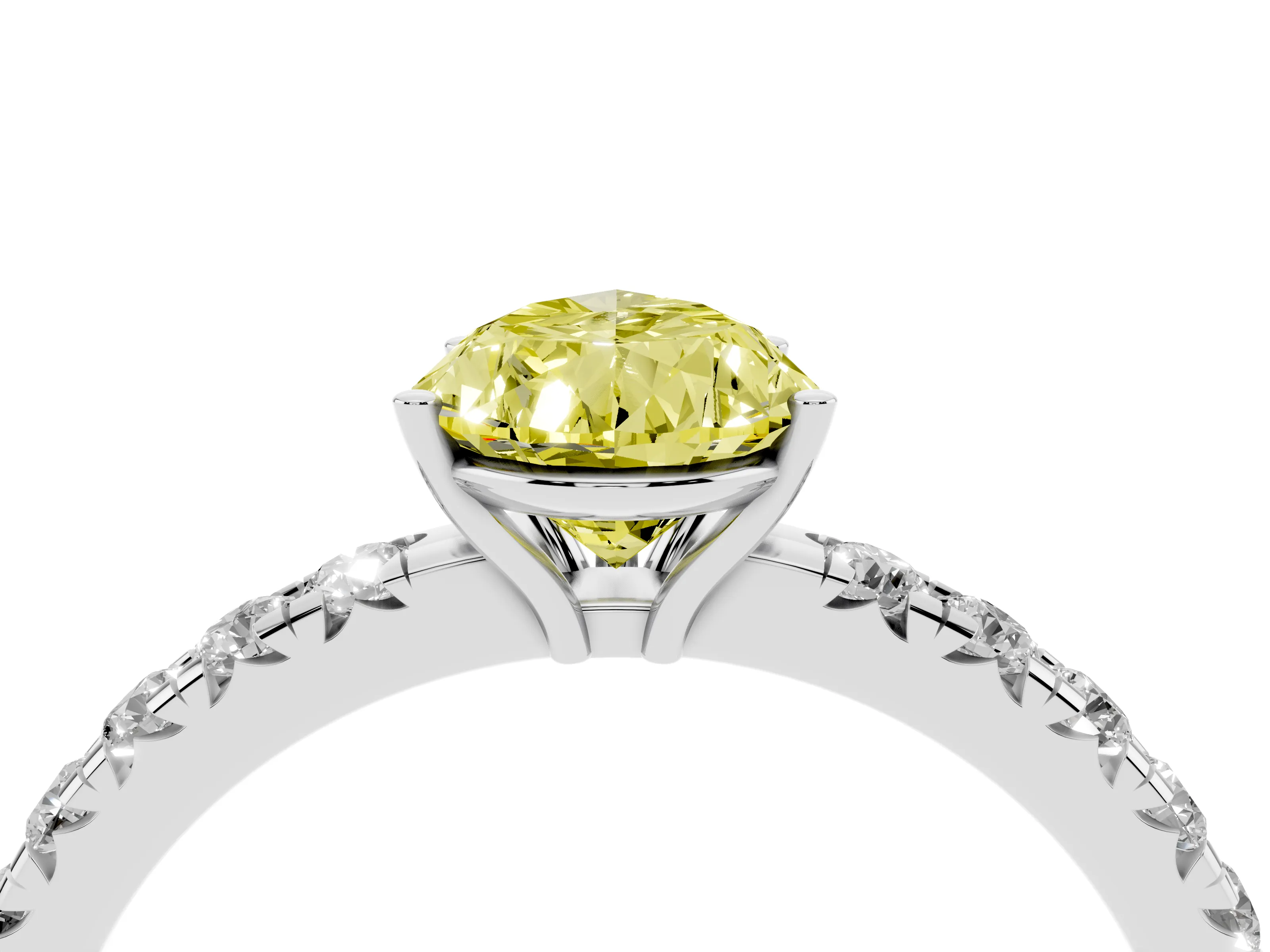 Fancy Yellow Pear Cut Diamond Pavé Solitaire Engagement Ring Set in Platinum with Prong Setting