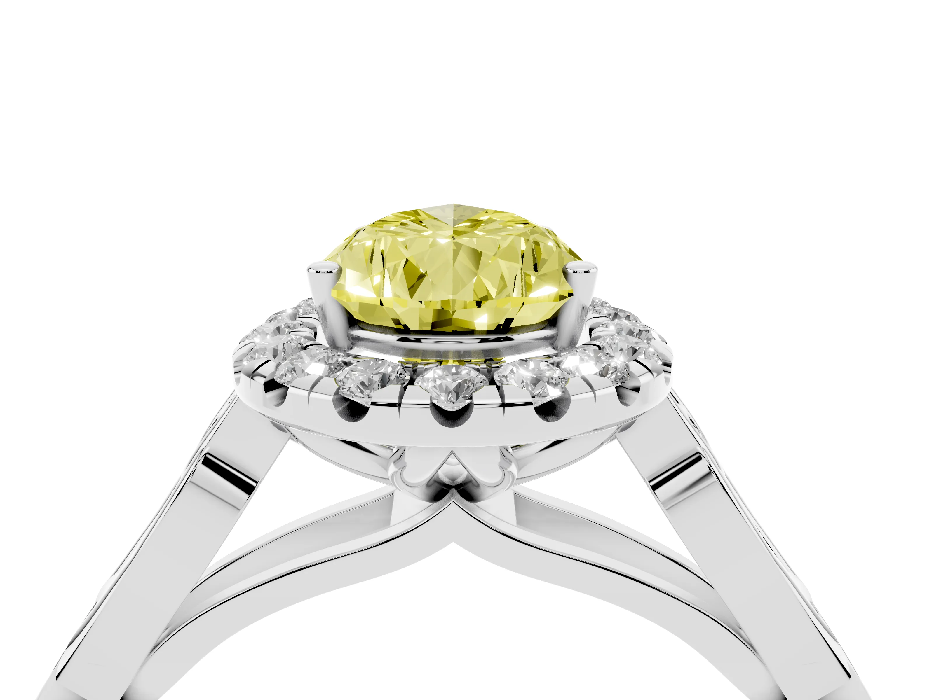 Fancy Yellow Pear Cut Diamond Halo Engagement Ring Set in Platinum with Filigree Band and Prong-Set Center