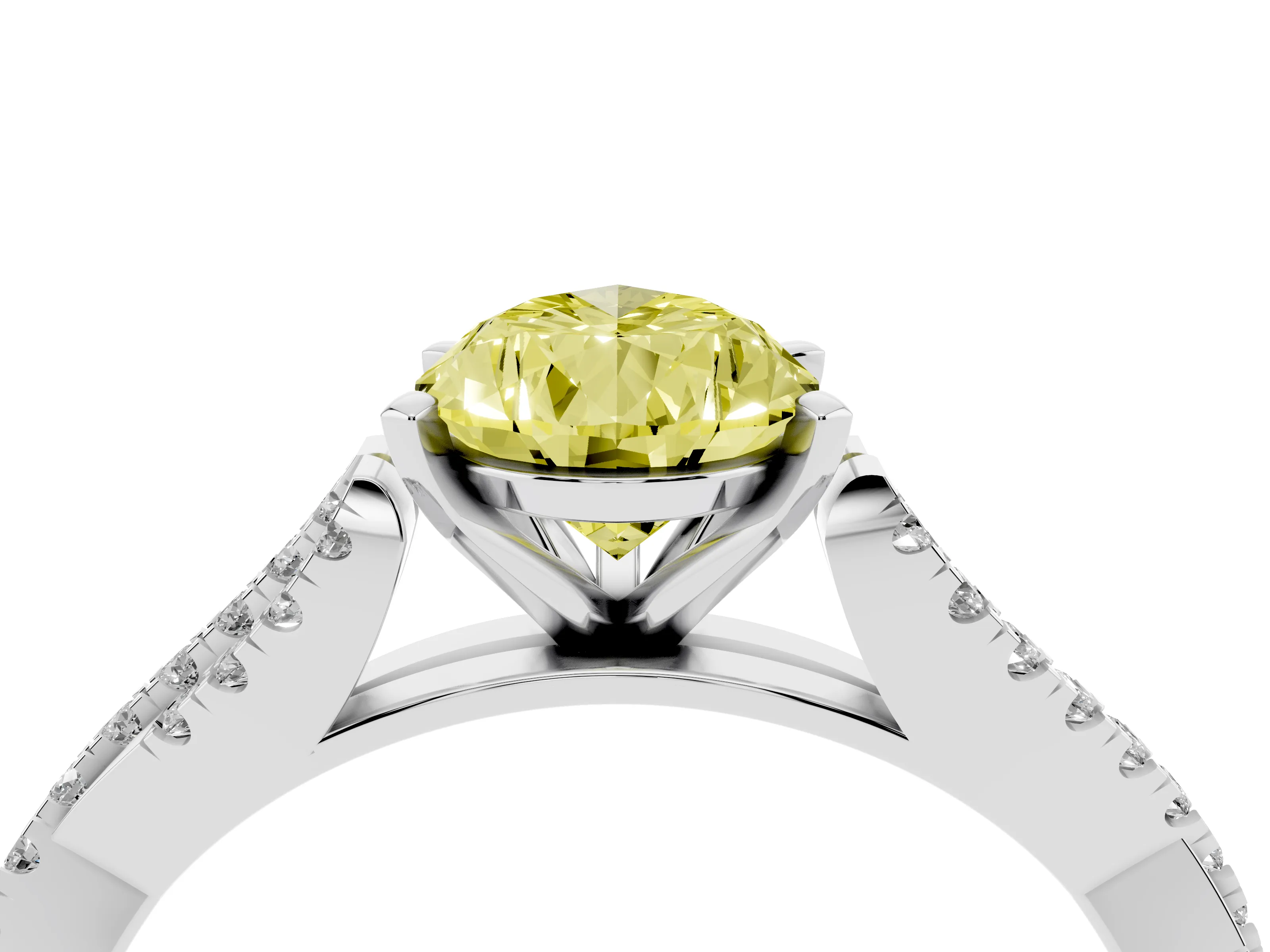 Fancy Yellow Pear Cut Diamond Solitaire Engagement Ring Set in White gold with Twisted Pavé Band and Prong Setting