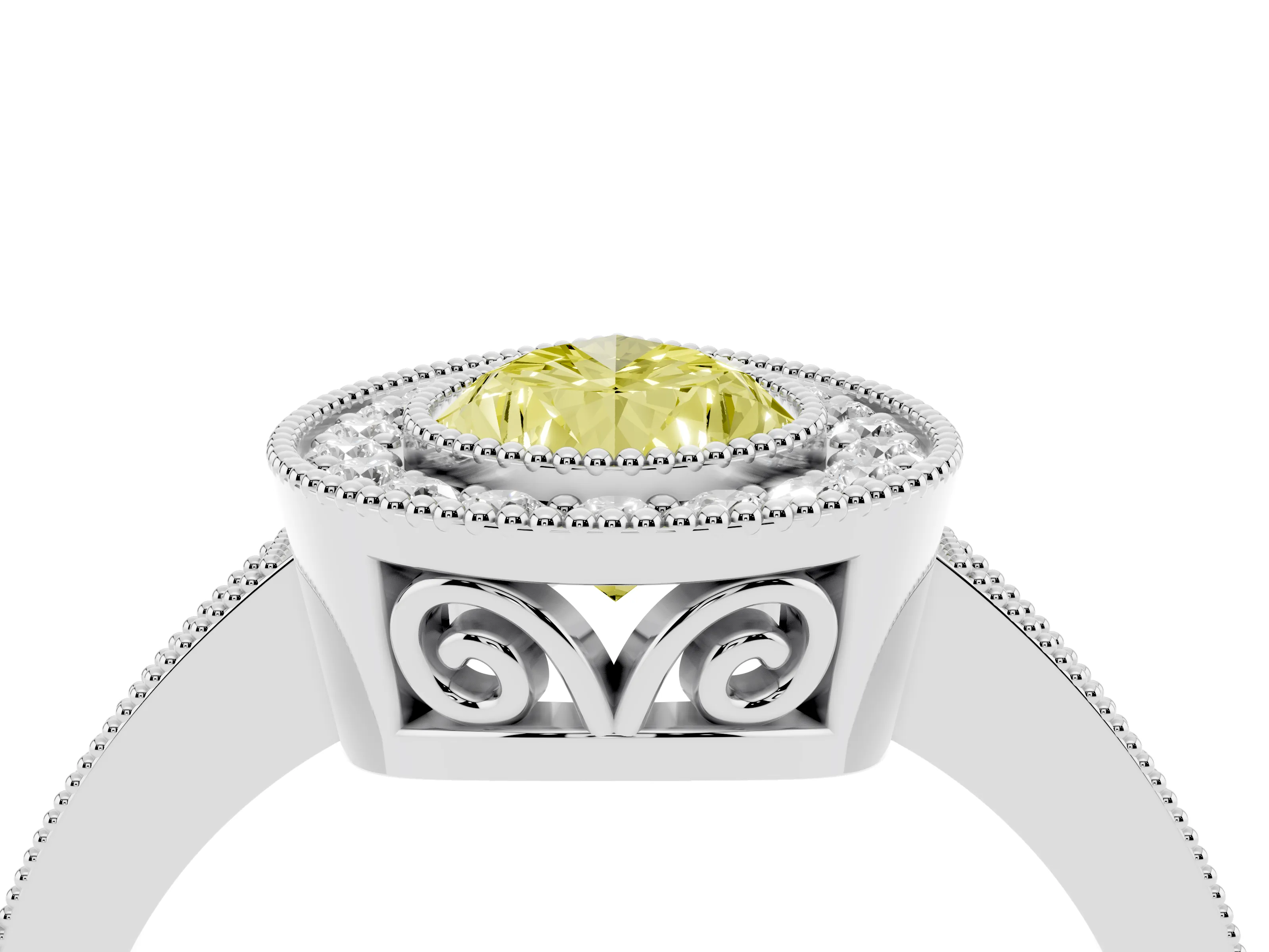 Fancy Yellow Pear Cut Diamond Halo Ring Set in Platinum with Pavé Band and Milgrain-Edged Prongs