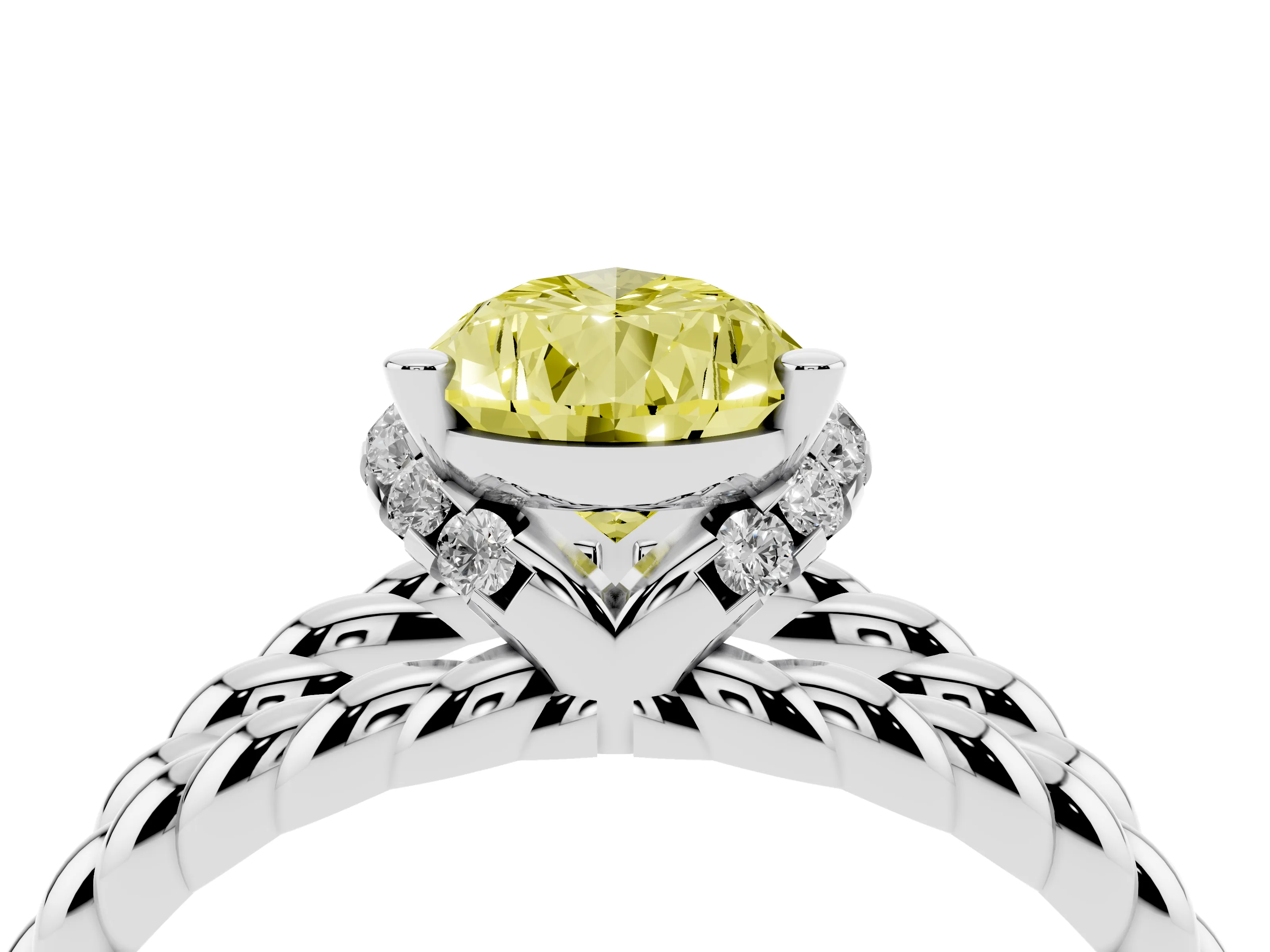 Fancy Yellow Pear Cut Diamond Halo Ring Set in White gold with Twisted Band and Prong Setting