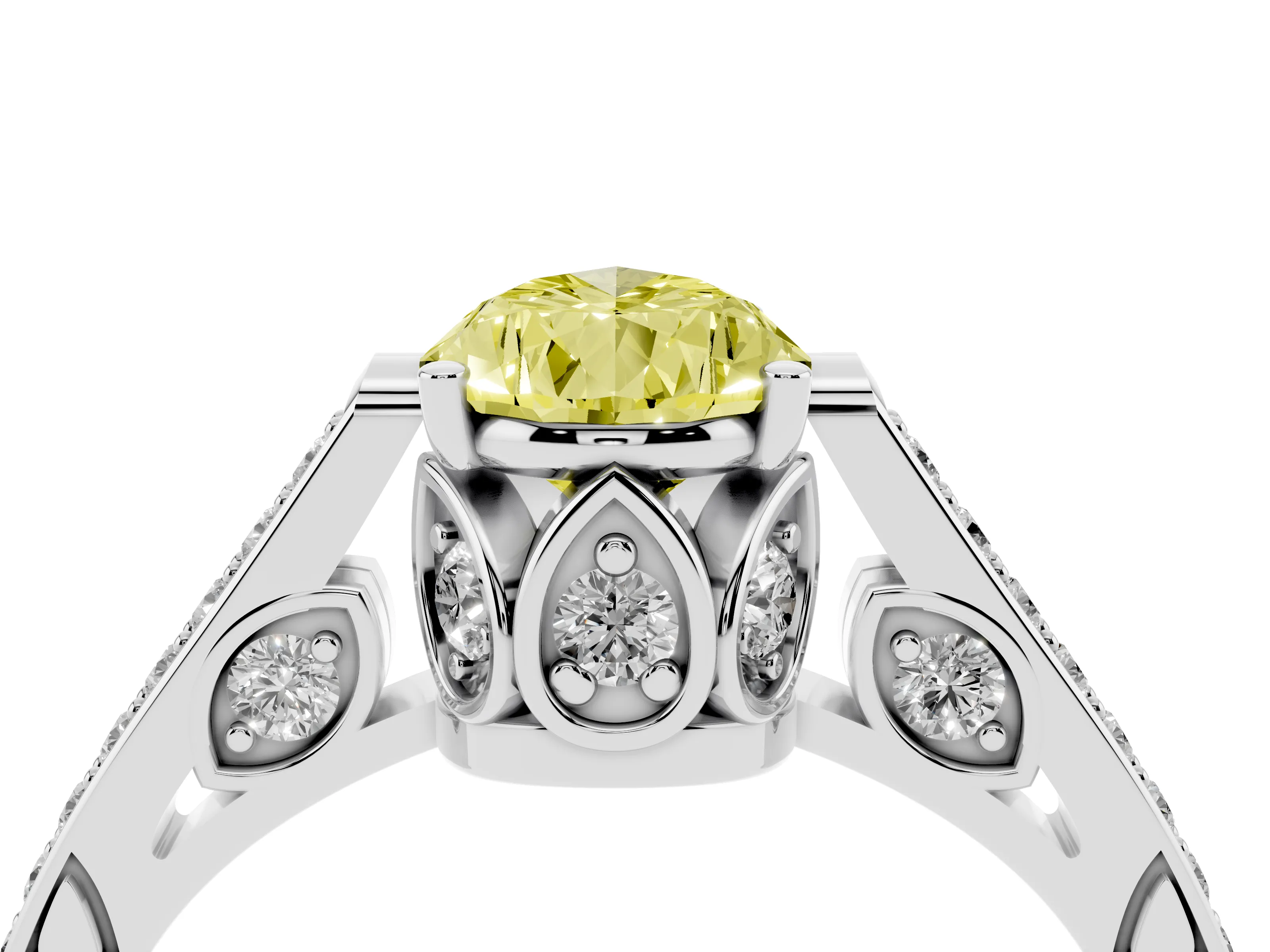 Fancy Yellow Pear Cut Diamond Cathedral Pavé Engagement Ring Set in White gold with Prong Setting