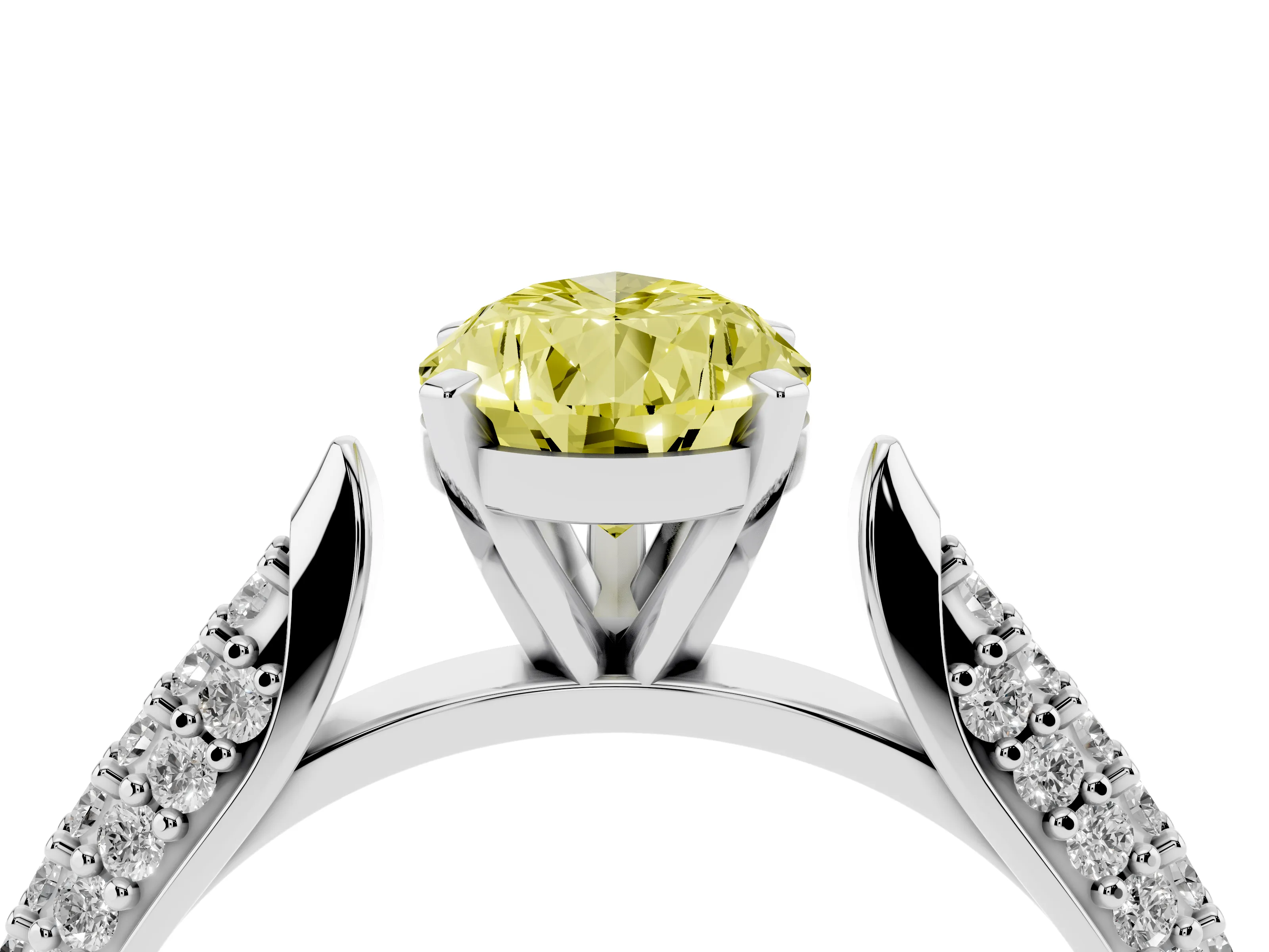 Fancy Yellow Pear Cut Diamond Solitaire Engagement Ring Set in White gold with Multi-Row Round Pavé Band and Prong Setting