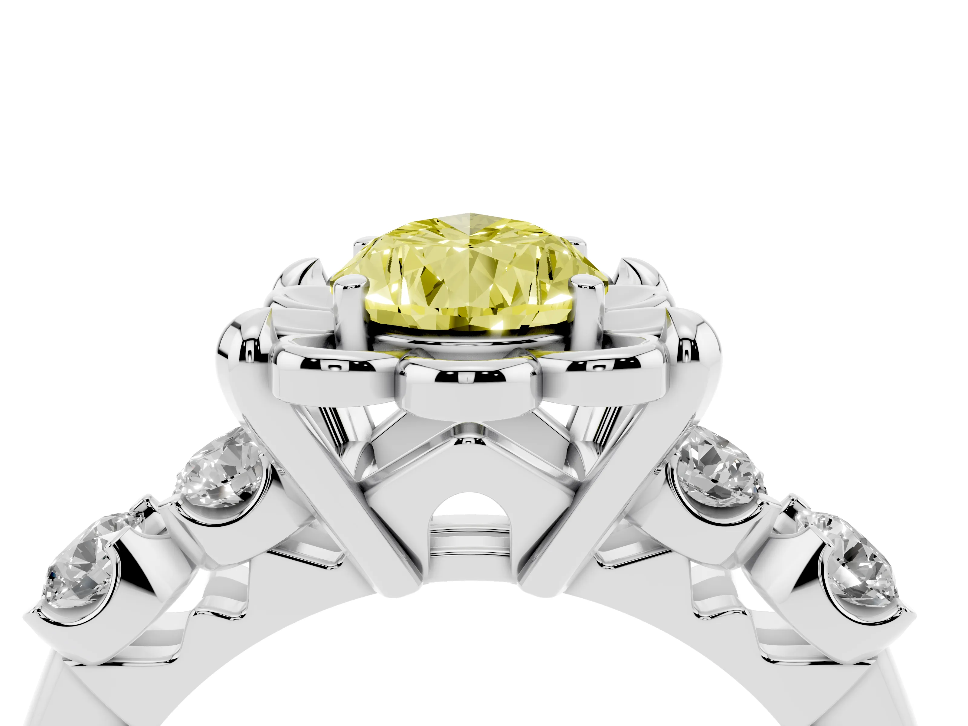 Fancy Yellow Pear Cut Diamond Floral Halo Ring Set in Platinum with Shared Prong Band
