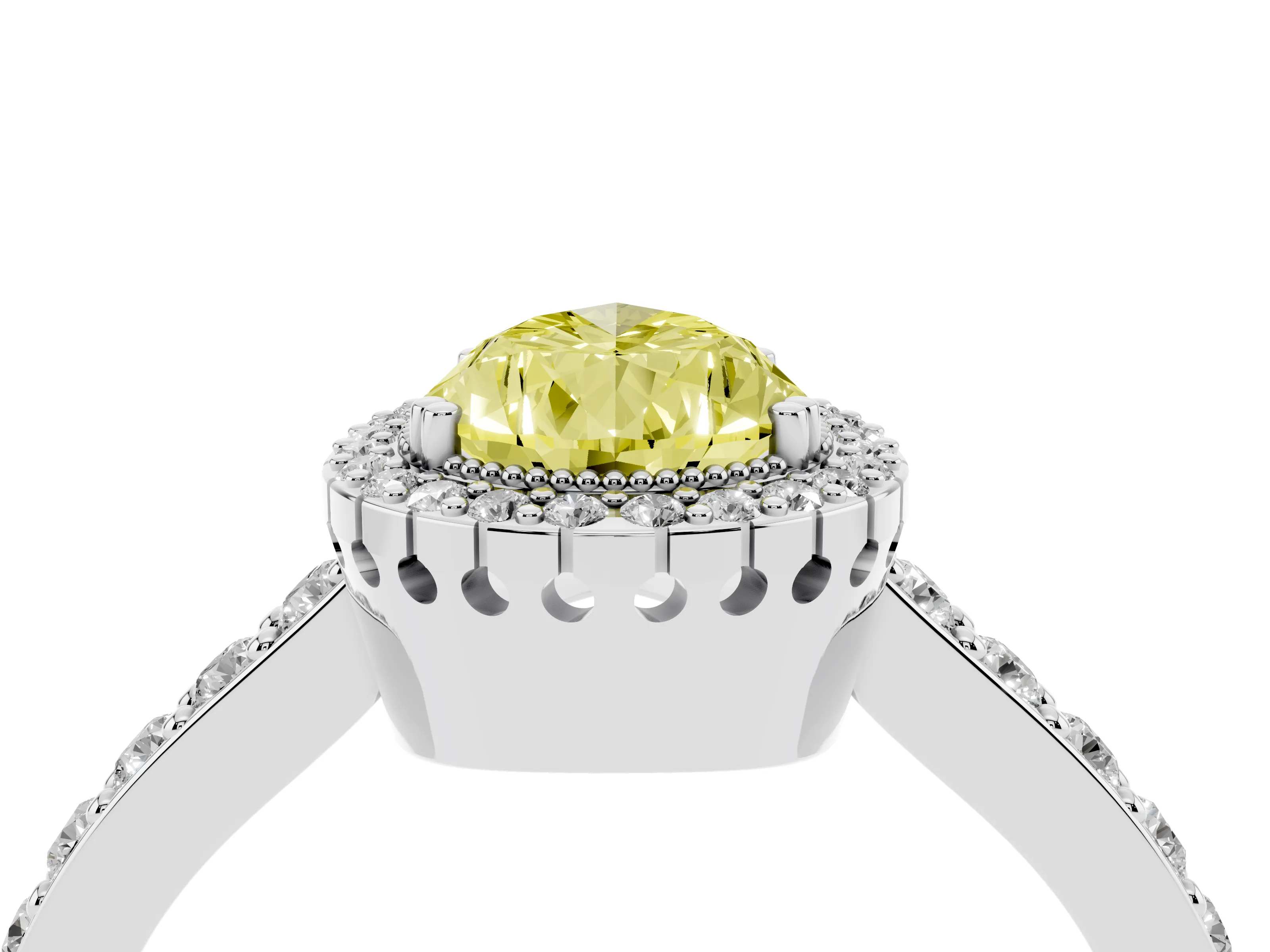 Fancy Yellow Pear Cut Diamond Halo Engagement Ring Set in Platinum with Milgrain Detail and Pavé Band