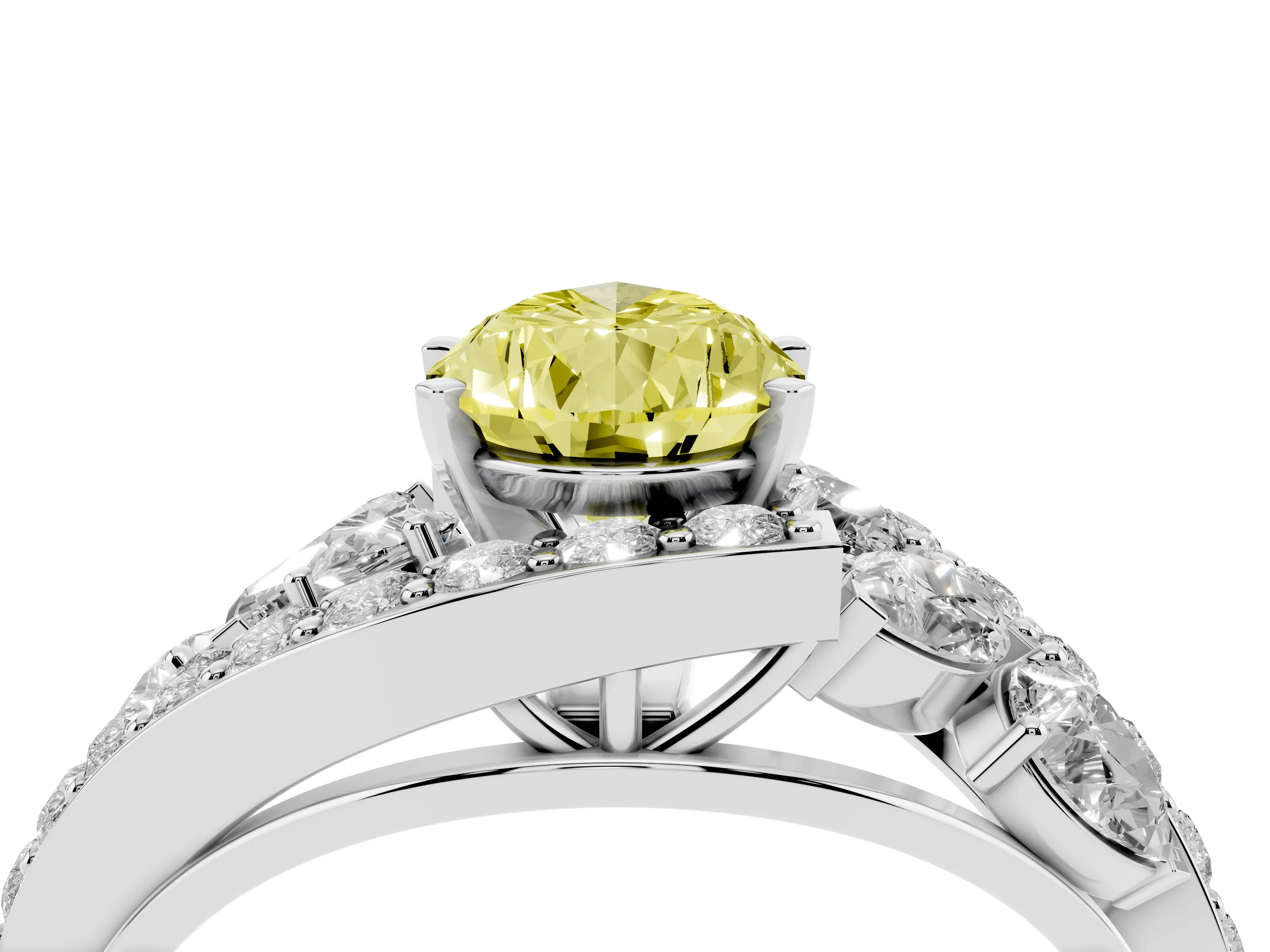 Fancy Yellow Pear Cut Diamond Halo Ring Set in Platinum with Marquise and Pavé Band in Prong Setting