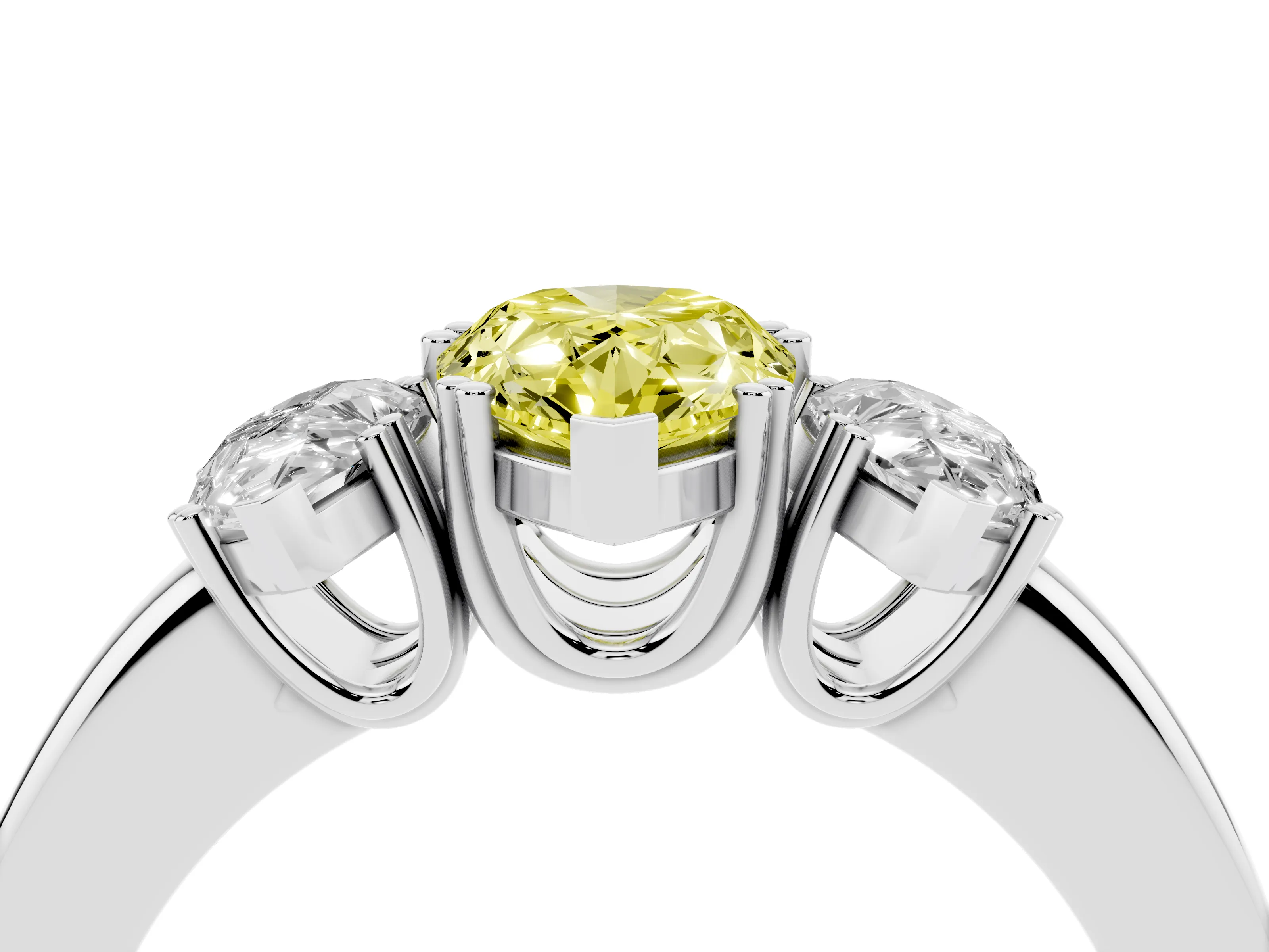 Fancy Yellow Pear Cut Diamond Three-Stone Ring Set in White gold with Polished Channel-Set Band