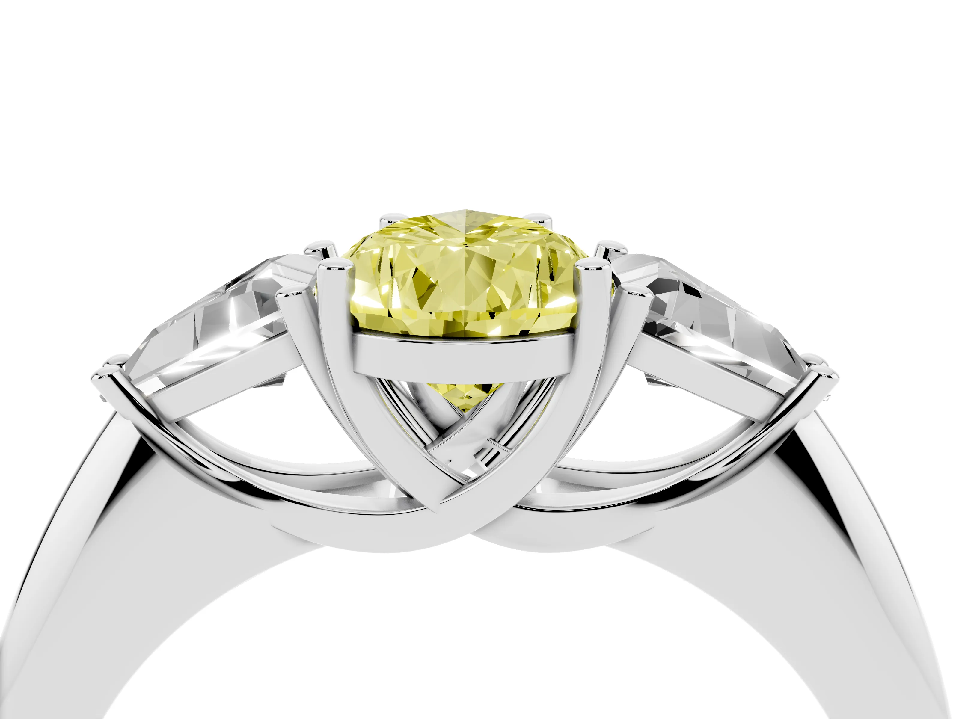 Fancy Yellow Pear Cut Diamond Three-Stone Engagement Ring Set in Platinum with Trillion Side Stones