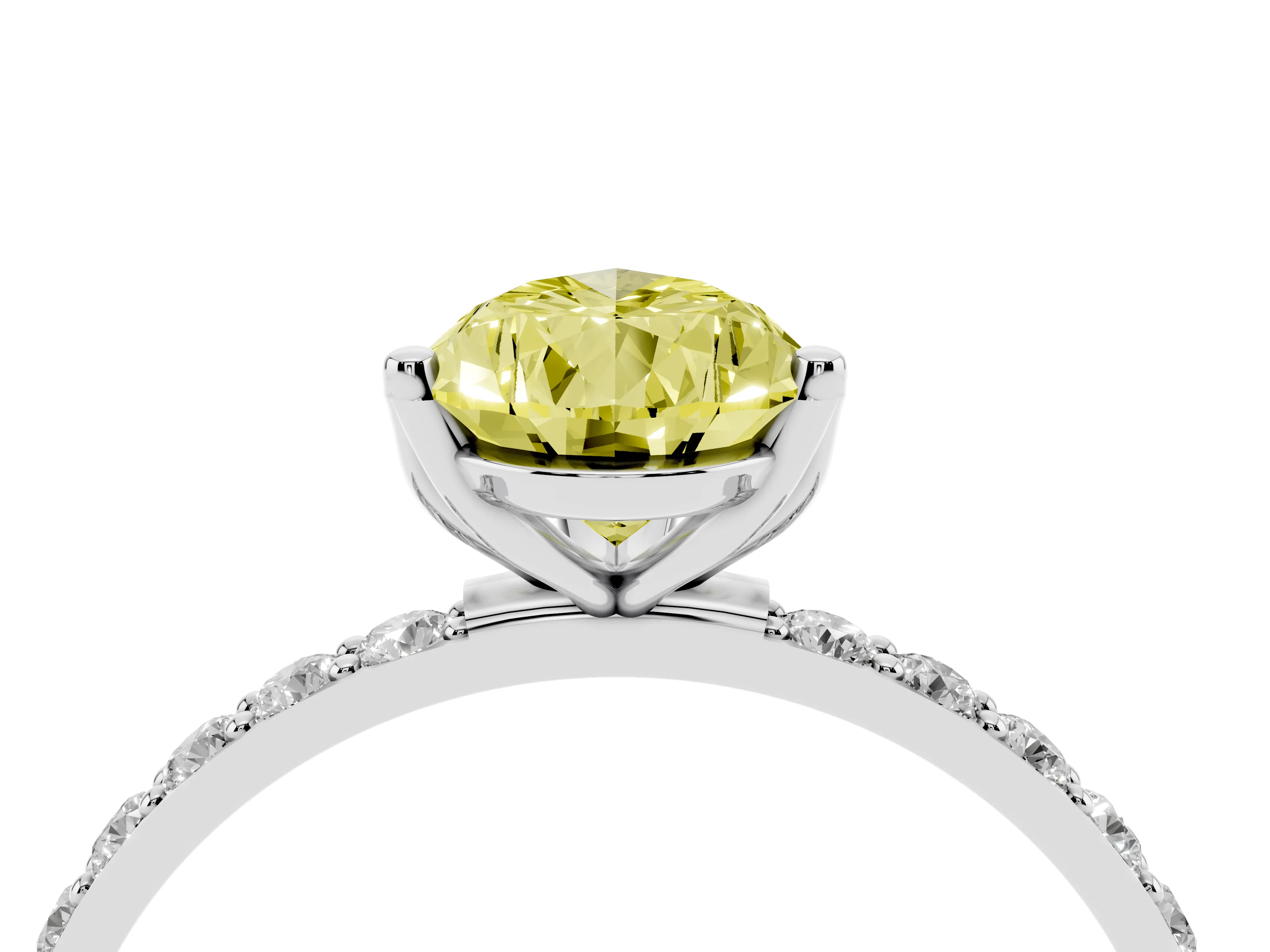 Fancy Yellow Pear Cut Diamond Solitaire Engagement Ring Set in Silver with Round Pavé Band and Prong Setting
