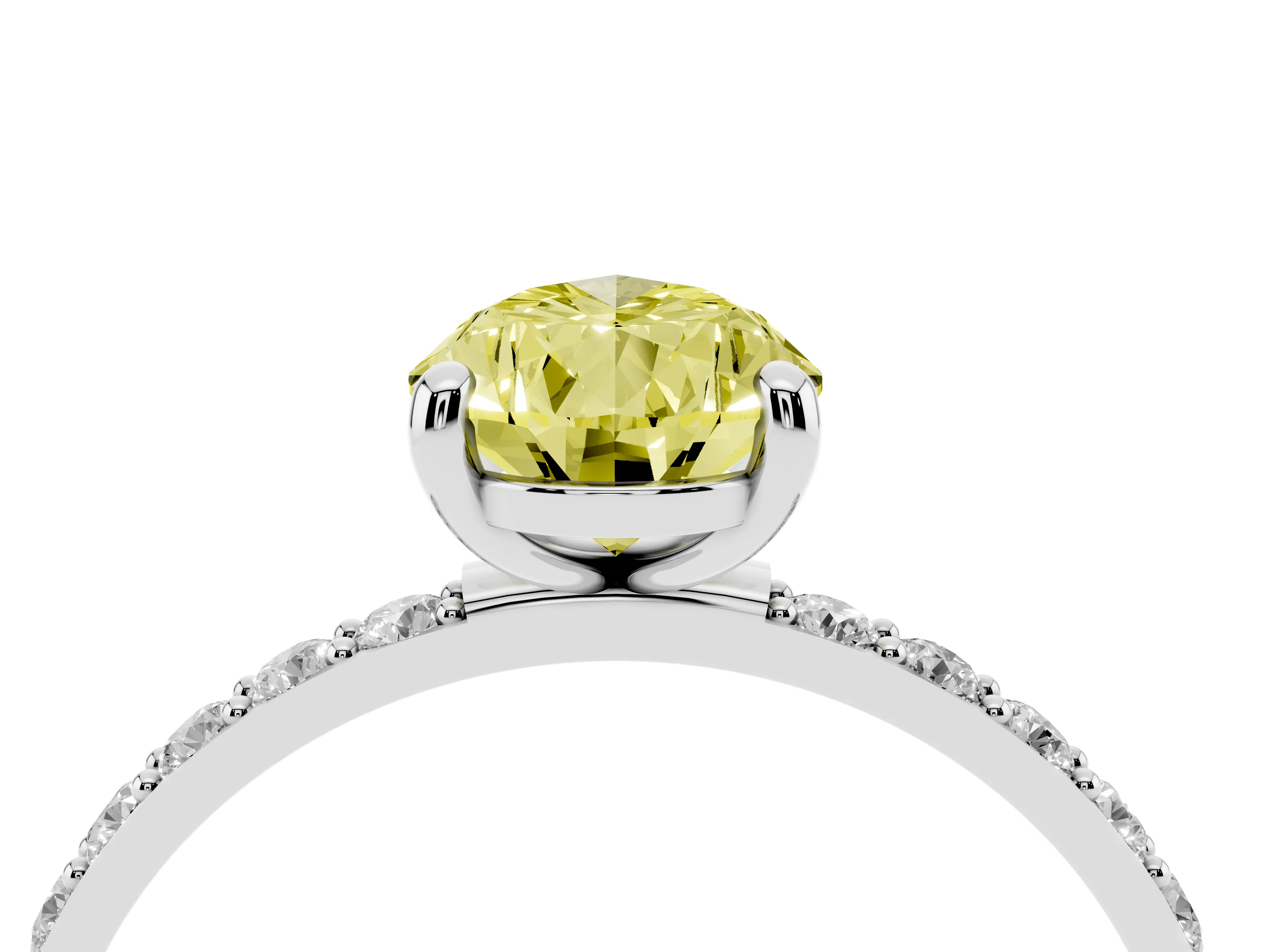 Fancy Yellow Pear Cut Diamond Solitaire Ring Set in Platinum with Round Pavé Band and Prong Setting