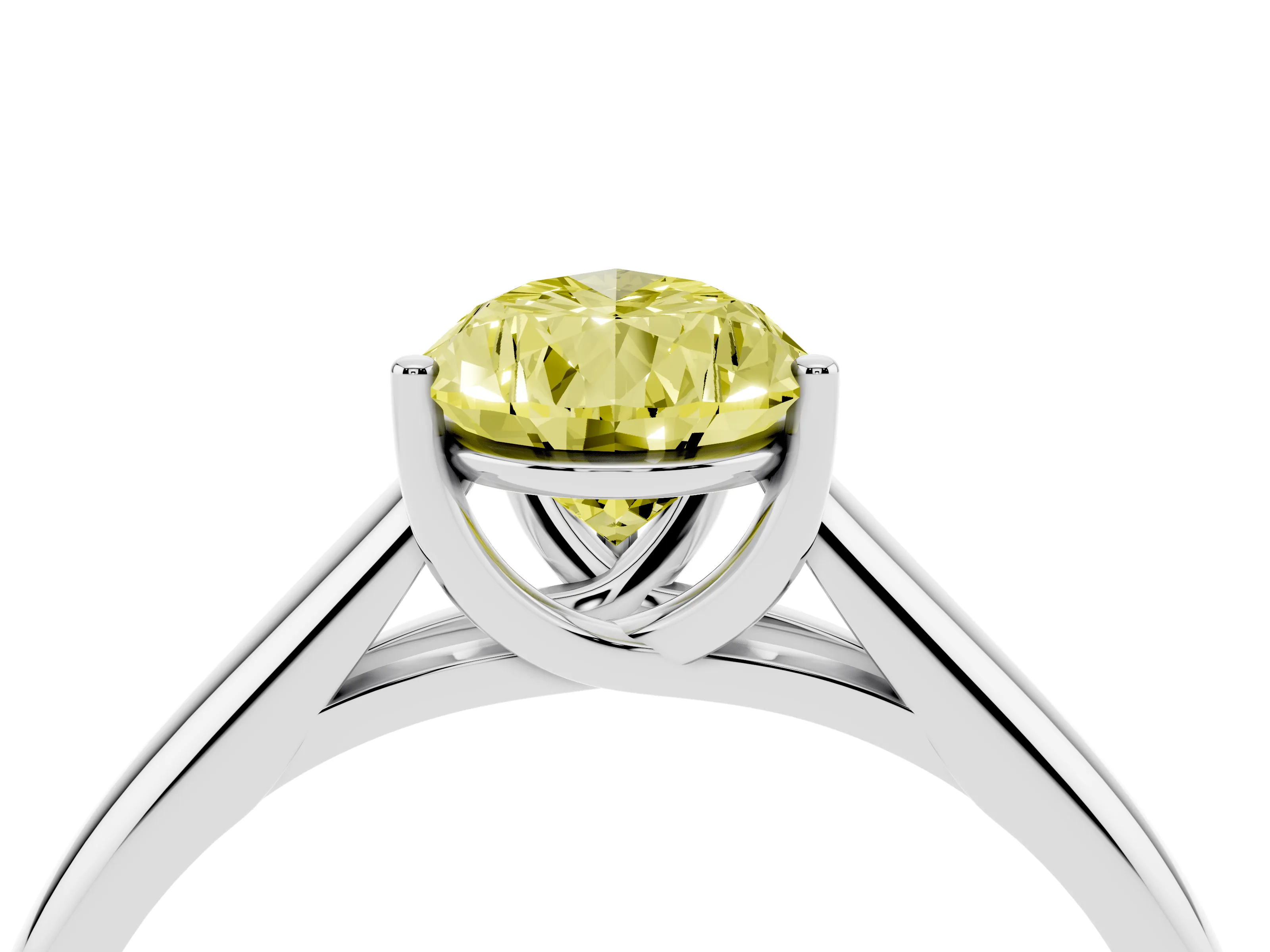 Fancy Yellow Pear Cut Diamond Solitaire Engagement Ring Set in White gold with Subtly Tapered Band and Prong Setting