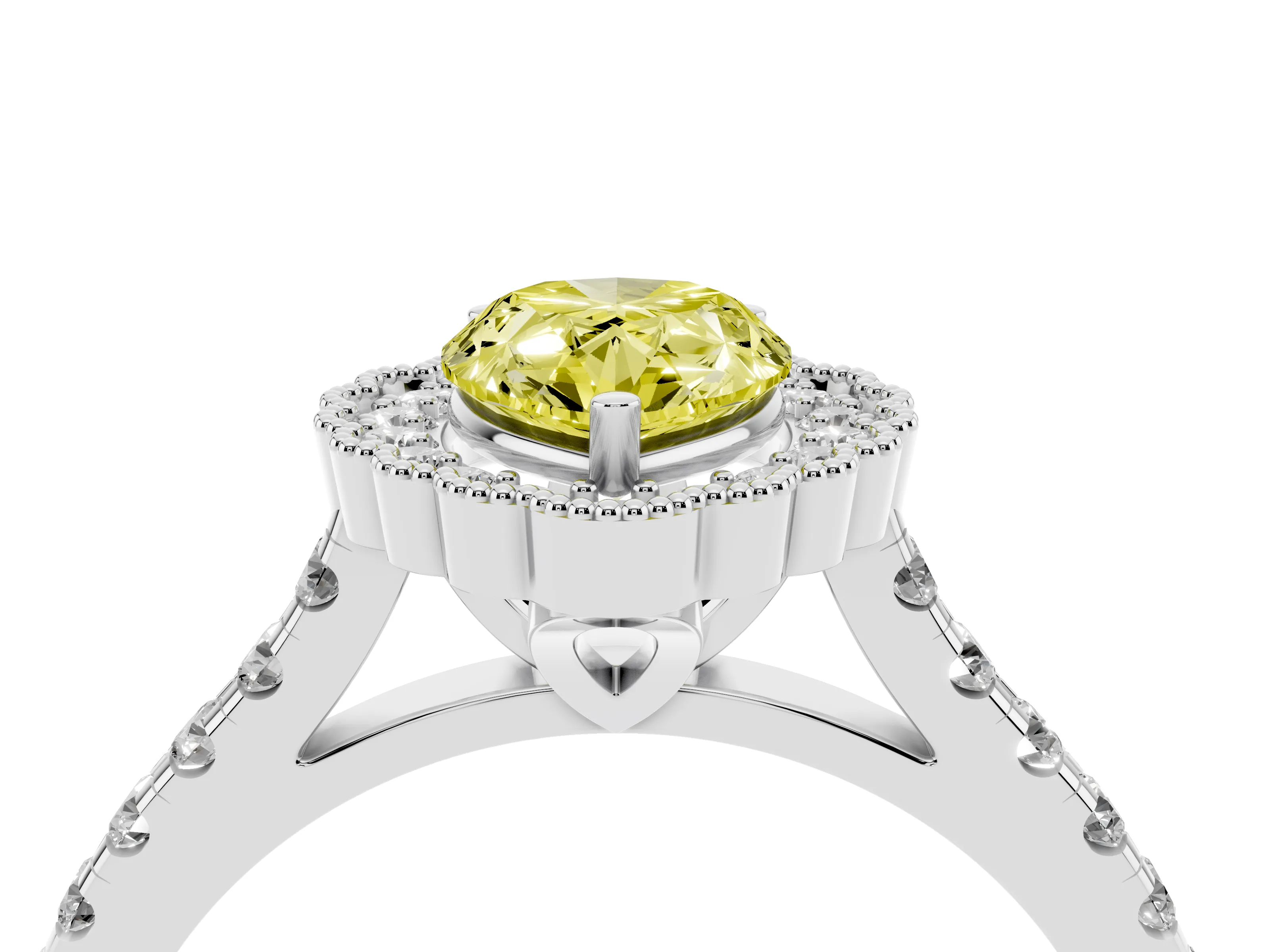 Fancy Yellow Pear Cut Diamond Milgrain Floral Halo Engagement Ring Set in Platinum with Pavé Band