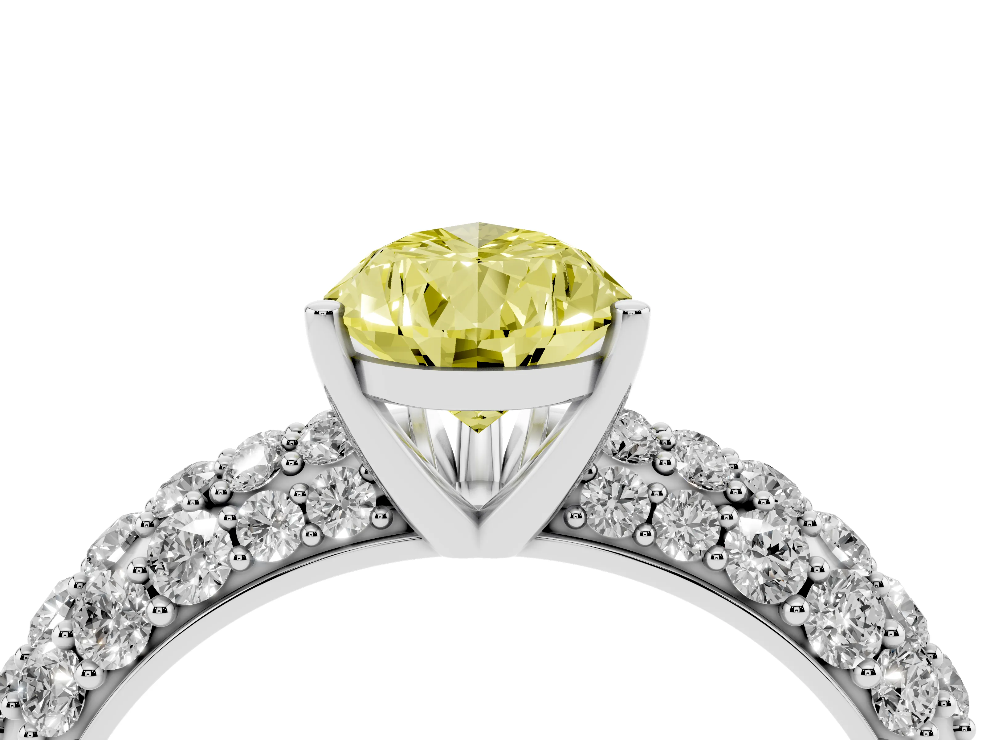 Fancy Yellow Pear Cut Diamond Pavé Band Solitaire Ring Set in White gold with Close-Set Accent Stones and Prong Setting