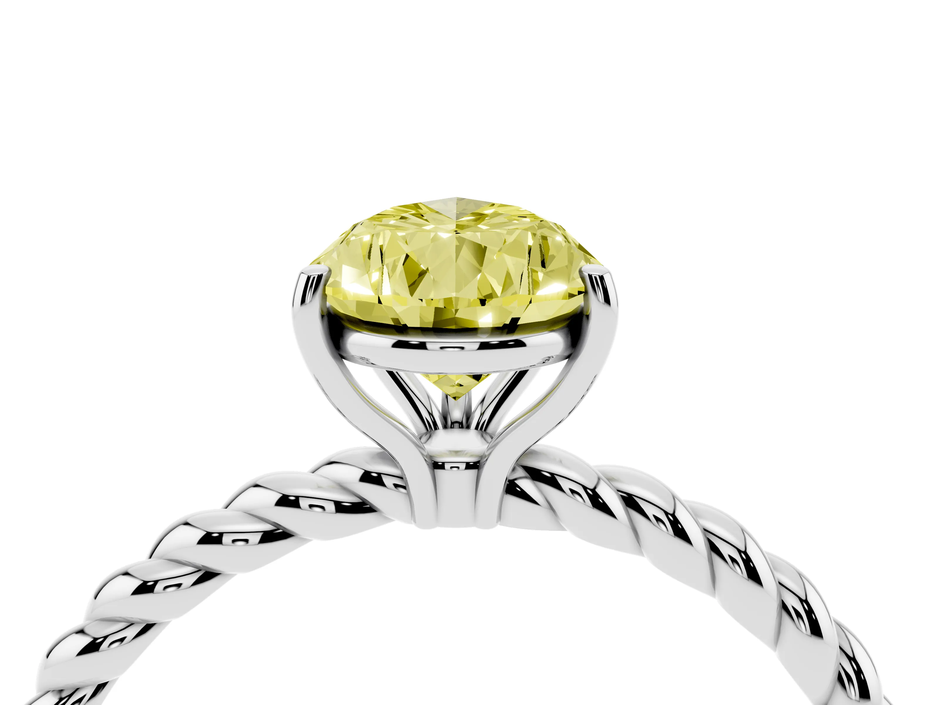 Fancy Yellow Pear Cut Diamond Solitaire Ring Set in Platinum with Twist Band and Prong Setting