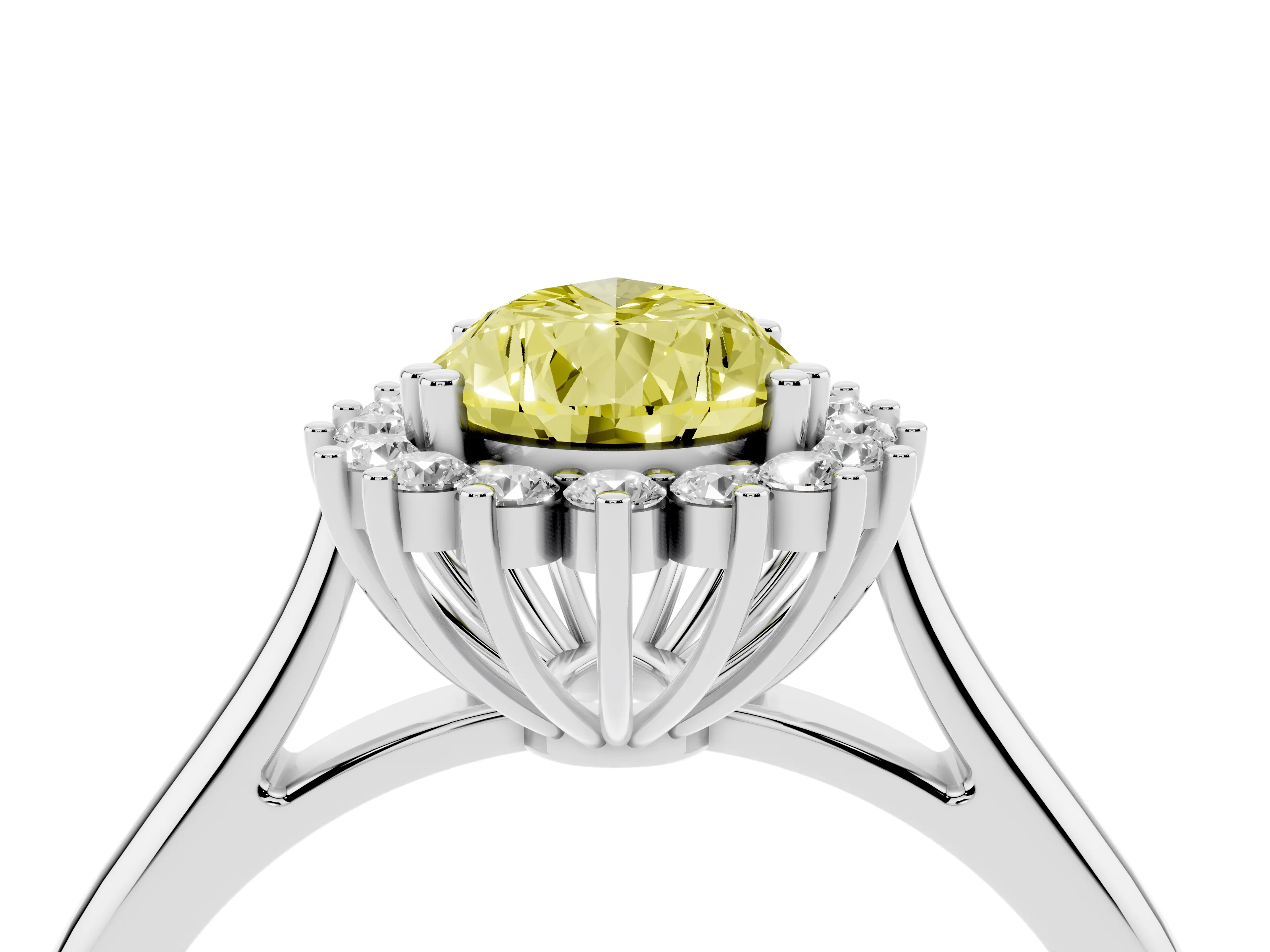 Fancy Yellow Pear Cut Diamond Halo Ring Set in White gold with Plain Solitaire Band and Prong Setting
