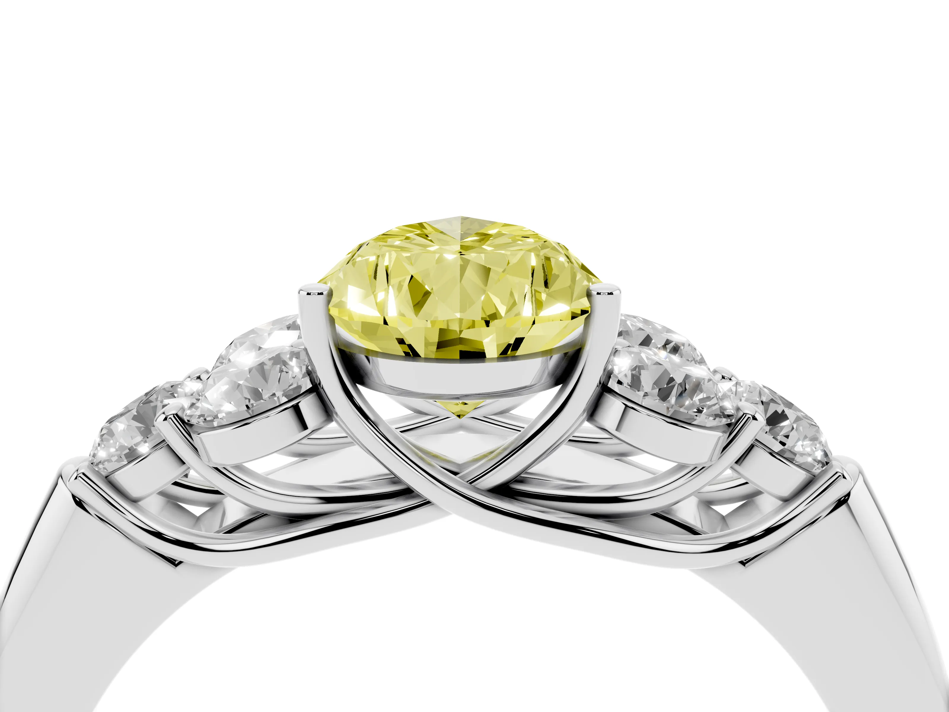 Fancy Yellow Pear Cut Diamond Cluster Ring Set in Platinum with Round Accent Stones and Prong Setting on a Plain Band