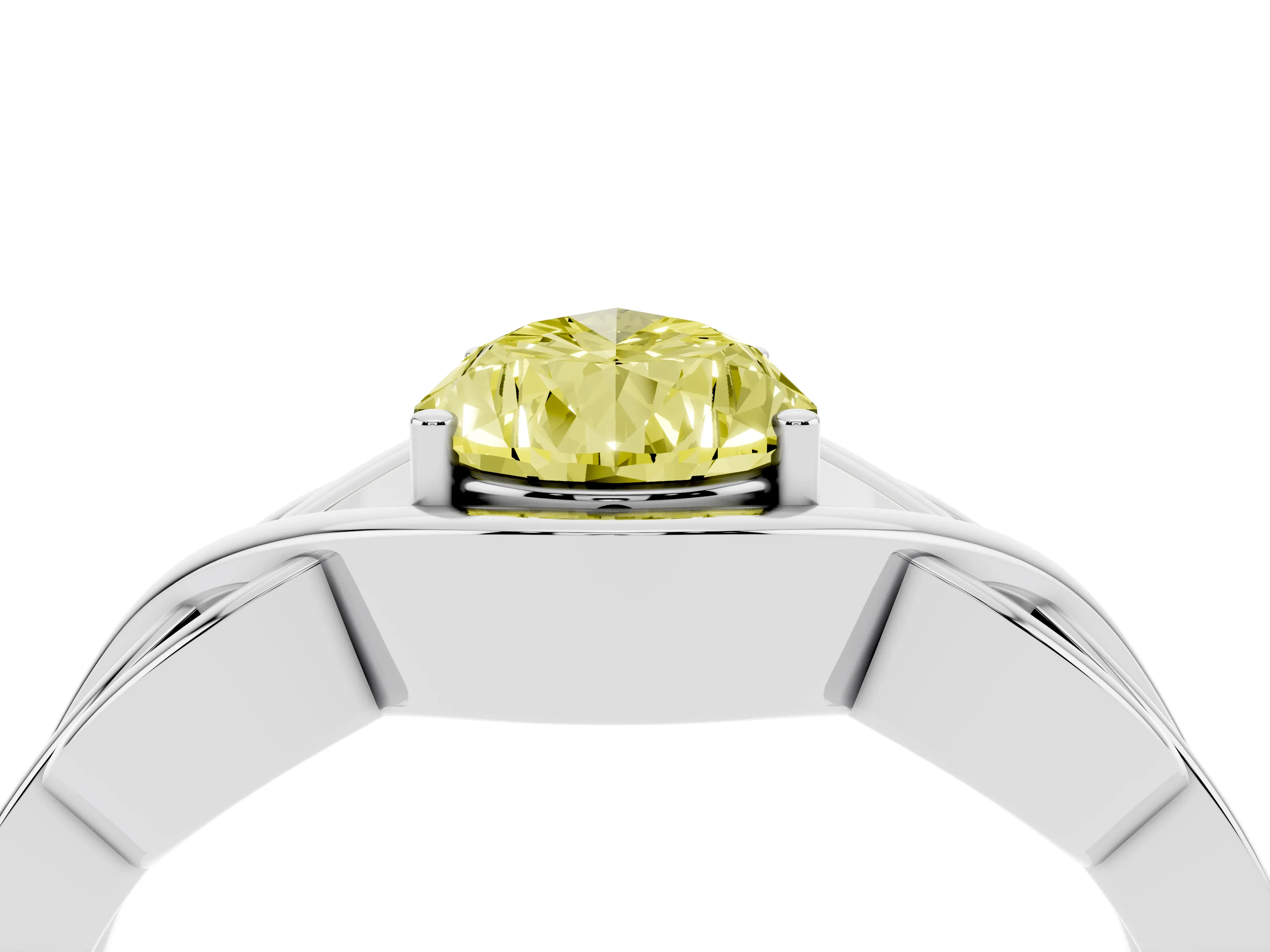 Fancy Yellow Pear Cut Diamond Solitaire Ring Set in Platinum with Intertwined Band
