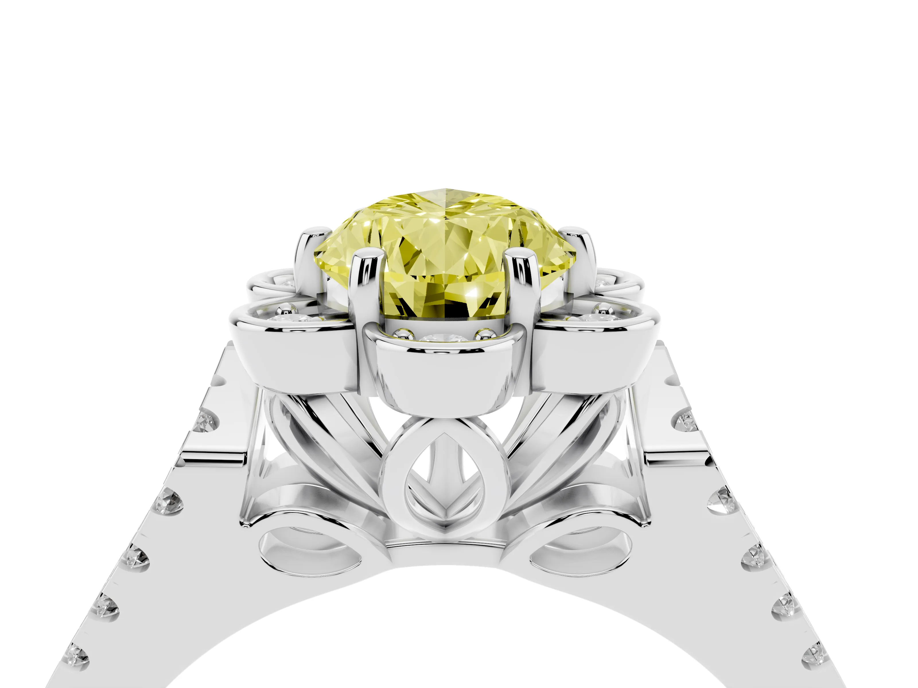 Fancy Yellow Pear Cut Diamond Floral Halo Split Shank Engagement Ring Set in White gold with Pavé Shank